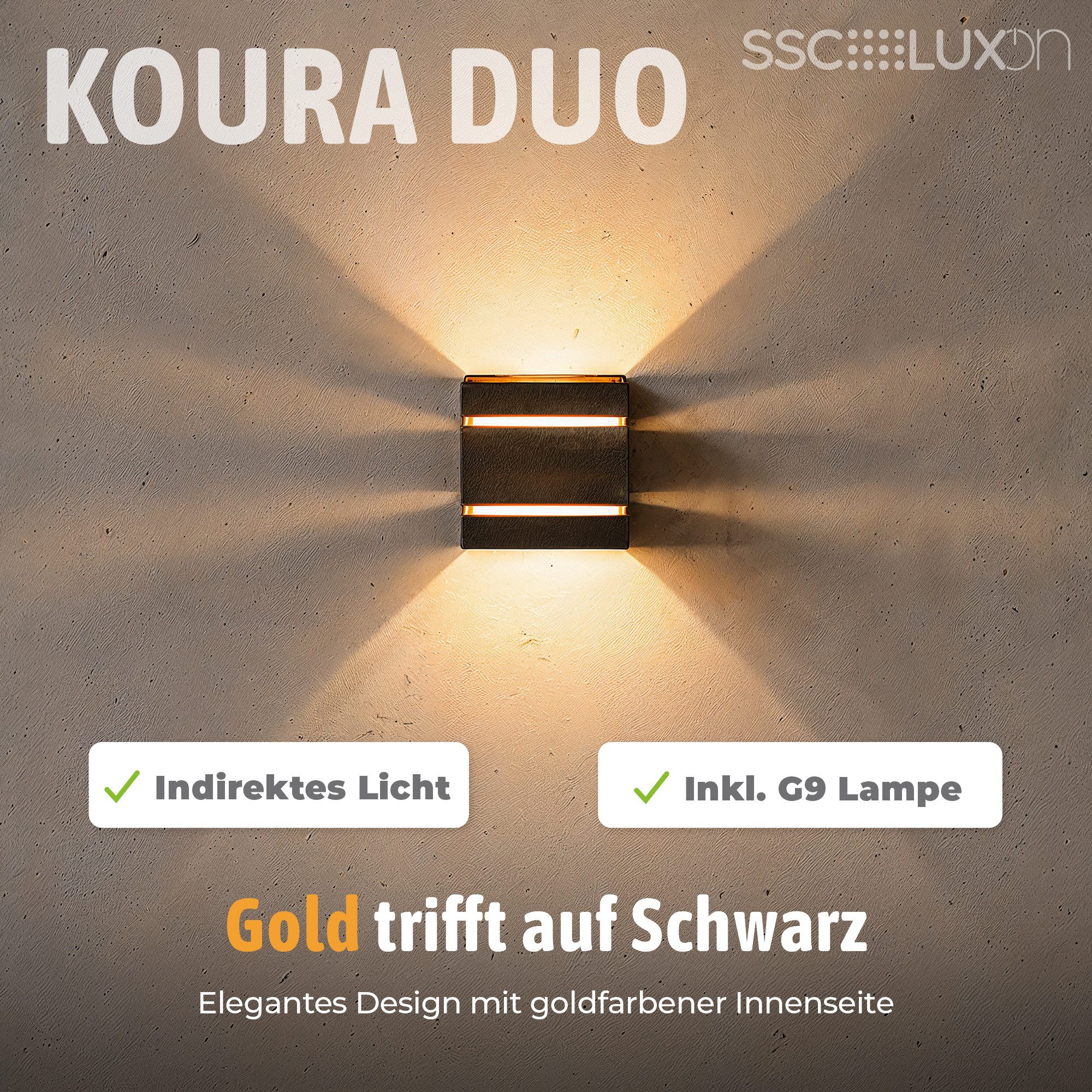SSC-LUXon LED Wandleuchte Wandstrahler KOURA DUO Up & Down schwarz G9 3W warmweiß Glühbirne, Warmweiß