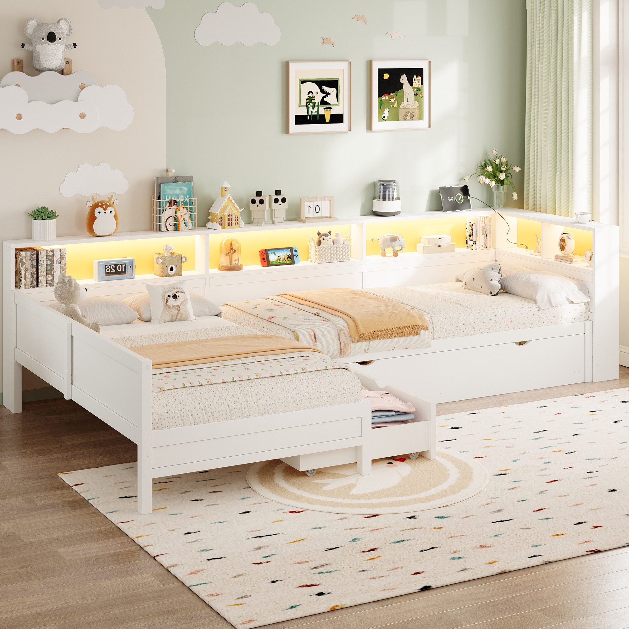 Flieks Kinderbett, Dreierbett Daybett 90x200cm*2 mit Ausziehbett 90x190cm und Schublade