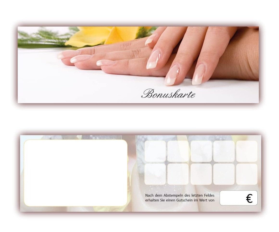 LYSCO Visitenkarten Bonuskarte Nagelstudio Fusspflege Naildesign Beauty Wellness, klappbar, Treue-,Rabattkarte,Maniküre,Pediküre,10 Stempelfeldern + Firmenstempel