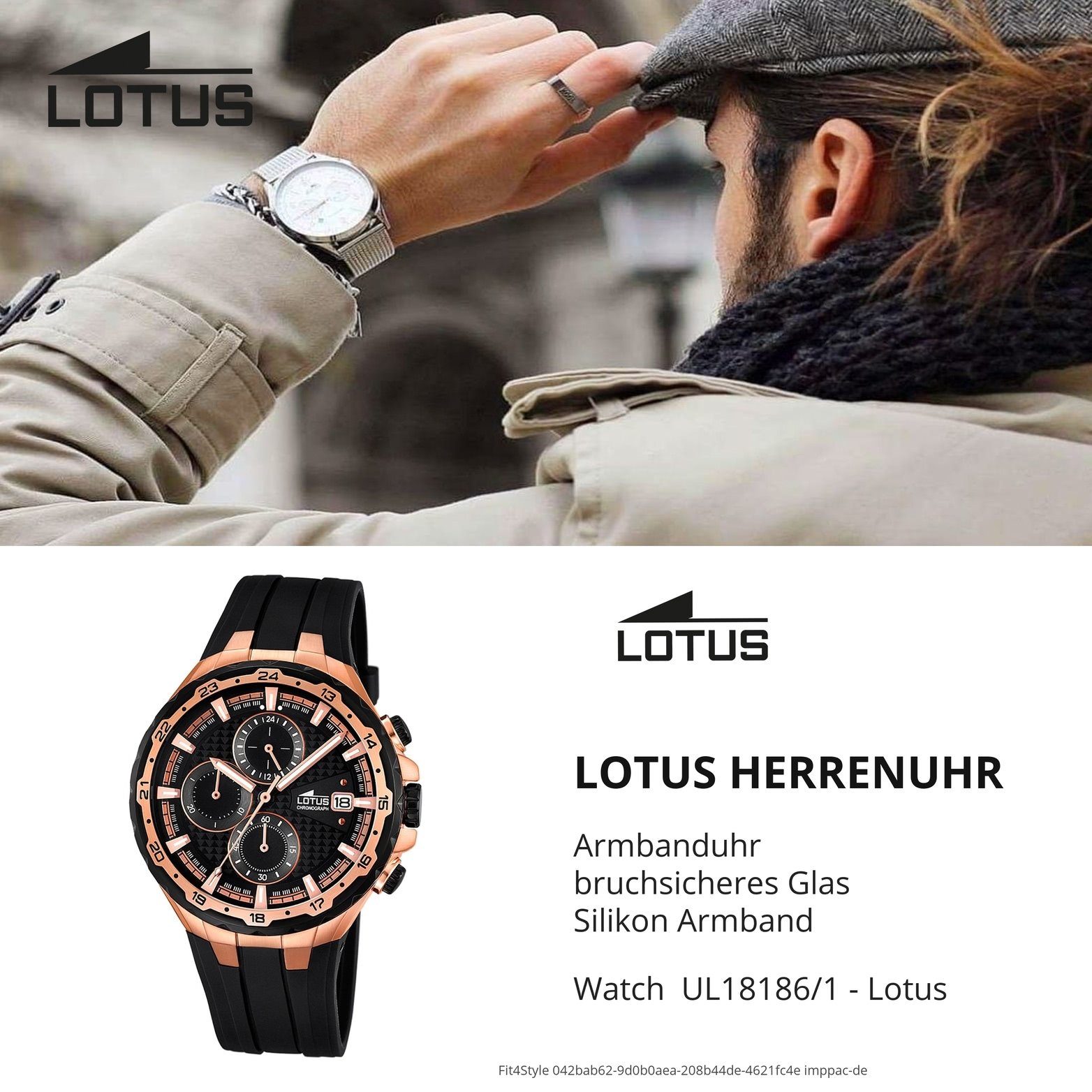 Lotus Chronograph Lotus Silikon Herren Gehäuse, Uhr groß rundes (ca. 42mm), Herrenuhr Silikonarmband, L18186/1, Sport-S mit