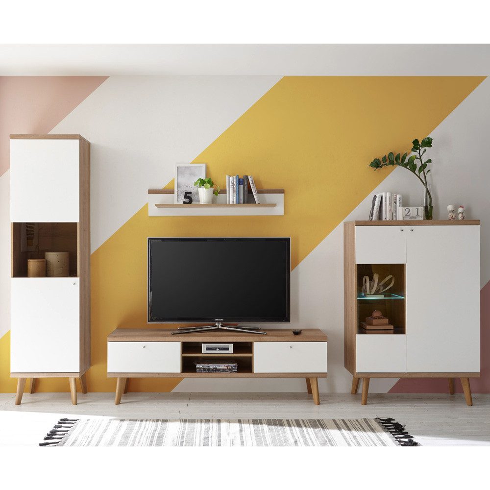 Lomadox Wohnwand MAINZ-61, (3-St), weiß matt mit Eiche Riviera Nb. 320x197x40cm