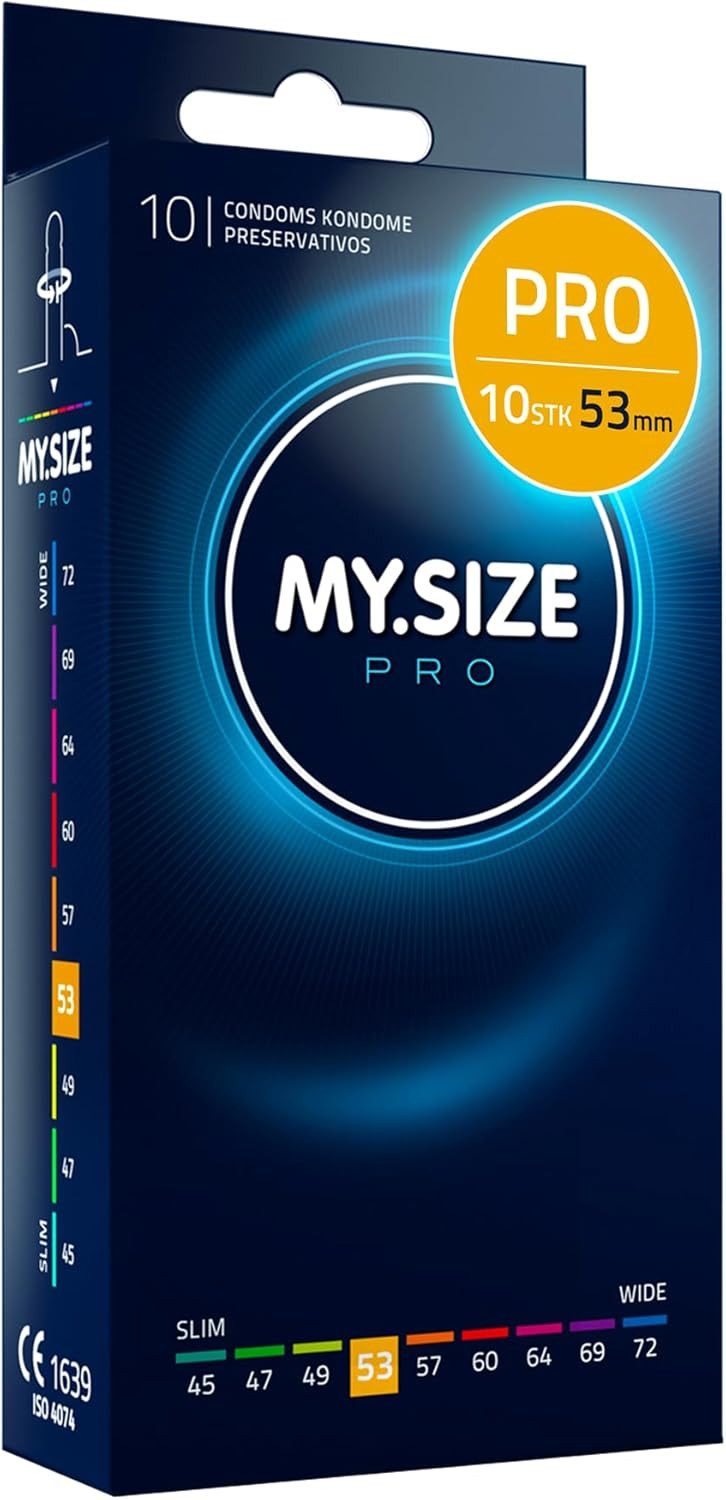 MY.SIZE Kondome PRO ELITE Kondome, 9 Größen, 45-72 mm, Schlank-XXXXL, Extra reines Vytex-Latex, leicht zu öffnen, hauchdünn 0,05mm