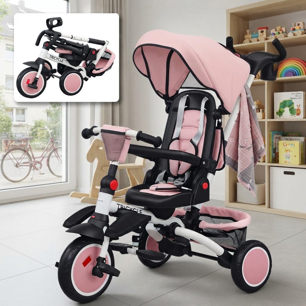 kowdom Dreirad-Kinderwagen 6-in-1 Kinderdreirad faltbar ab 1 Jahr mit Schubstange, 360° drehbarer, (Einzelteil), 6-in-1/Mitwachsend/ Höhenverstellbare Schubstange