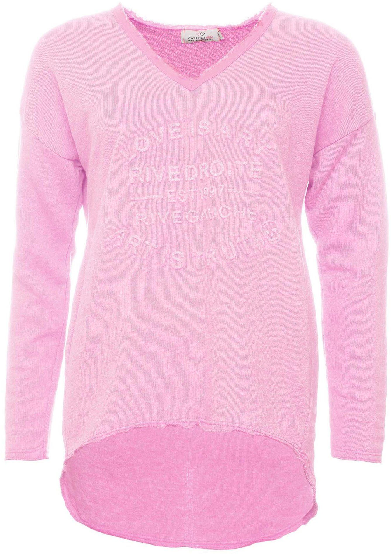 Zwillingsherz Sweatshirt ausgefranster V-Ausschnitt, Vintage Look, Langarm günstig online kaufen