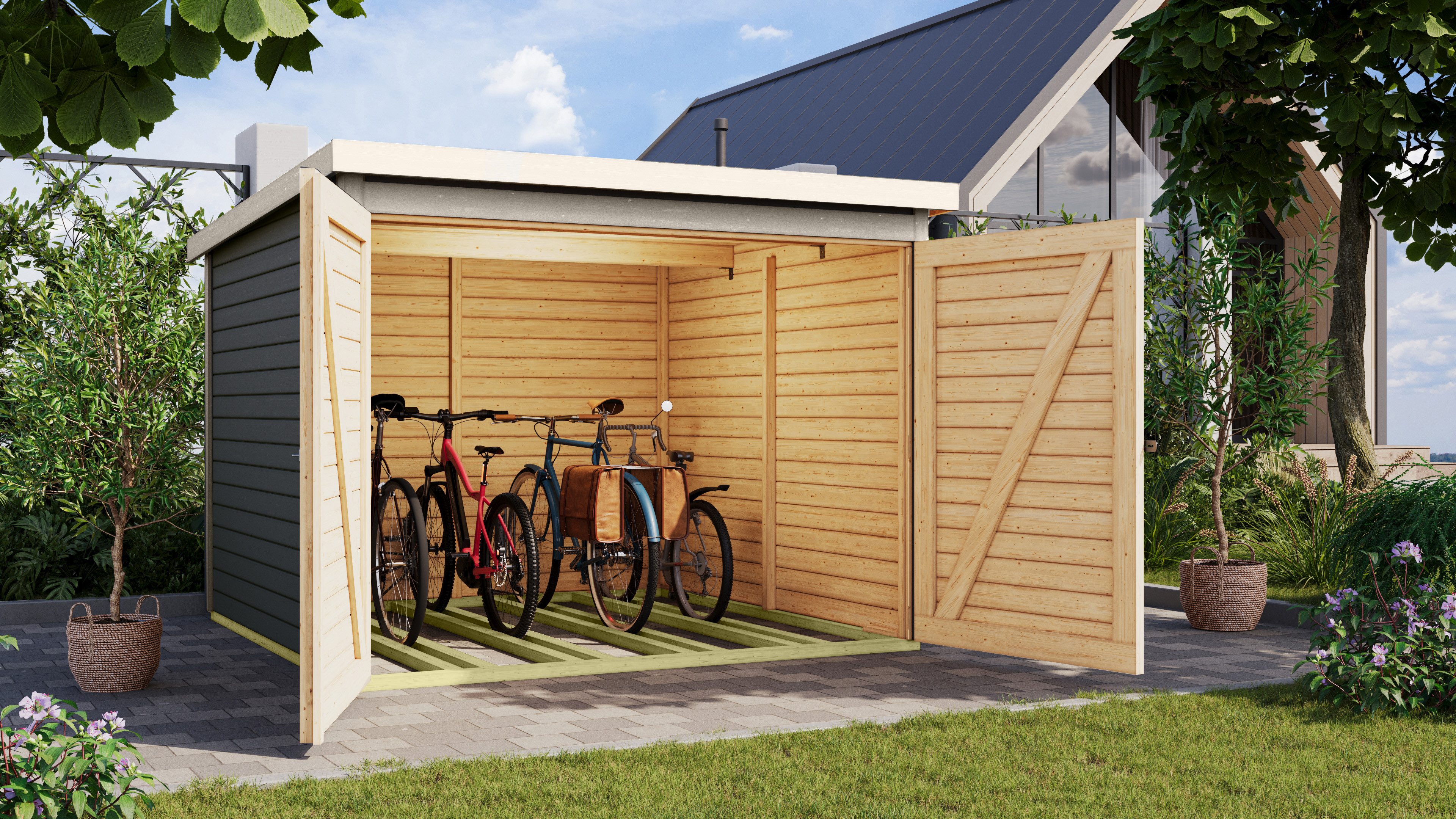 Karibu Gartenhaus Fahrradgarage aus Fichtenholz mit 4 Stellplätzen, BxT: 213x217 cm, (1 Stück, Fahrradgarage 4 Räder - terragrau), terragrau