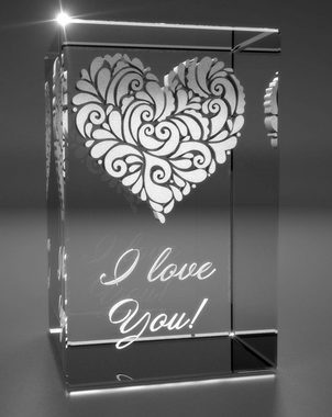 VIP-LASER Dekofigur 3D Glasquader I verziertes Herz I love You!, Hochwertige Geschenkbox, Made in Germany, Familienbetrieb