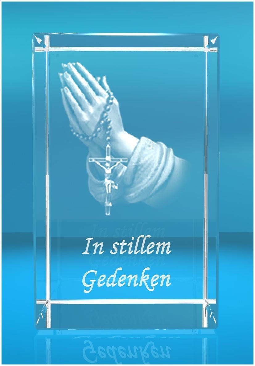 VIP-LASER Dekofigur 3D Glasquader Motiv: Betende Hände Text: In stillem Gedenken, Hochwertige Geschenkbox, Made in Germany, Familienbetrieb