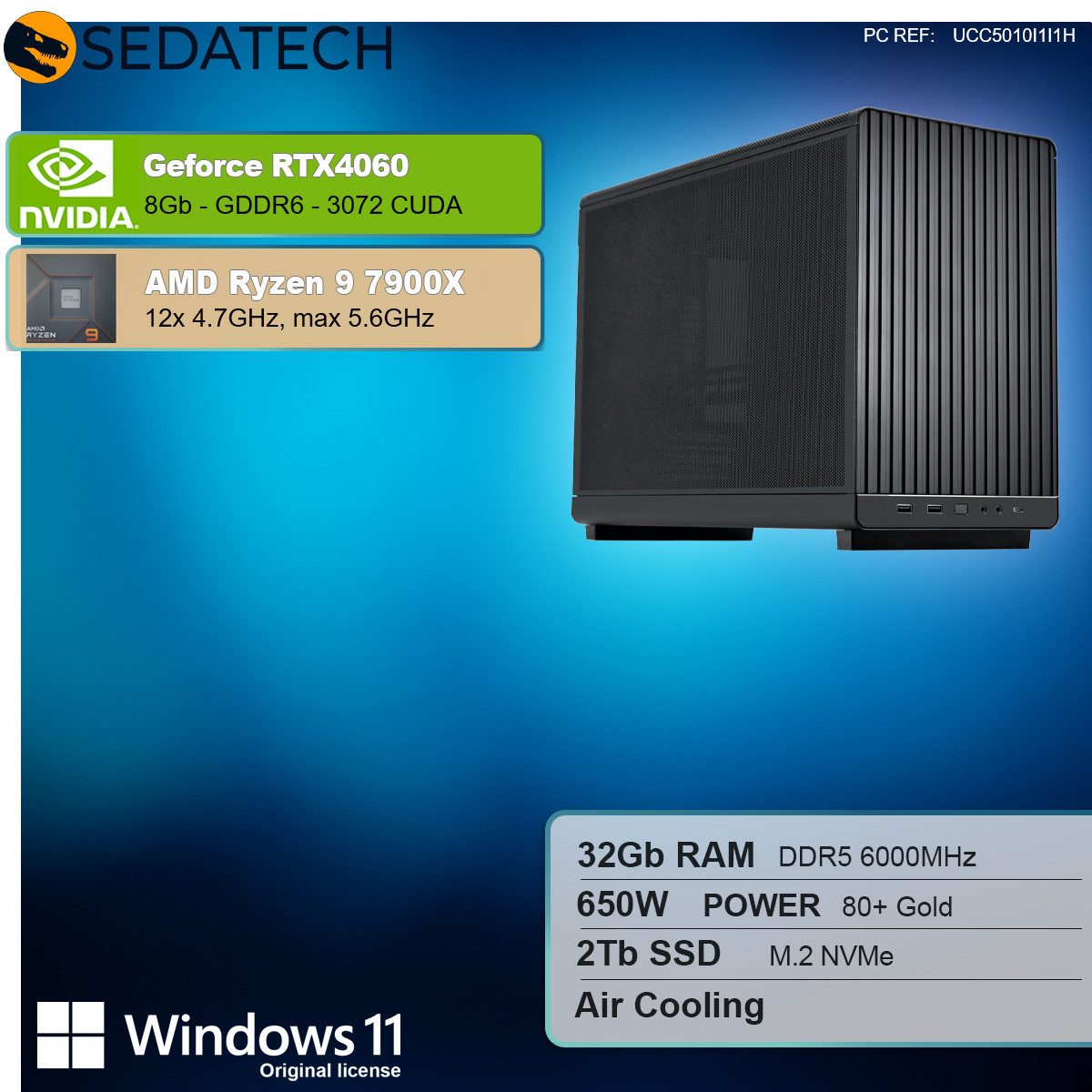 Sedatech UCC5010I1I1HF - Workstation Business-PC (AMD Ryzen 9 7900X 12x 4.7GHz (max 5.6GHz), Geforce RTX4060 8GB, 32 GB RAM, 2000 GB SSD, Wlan 6E)