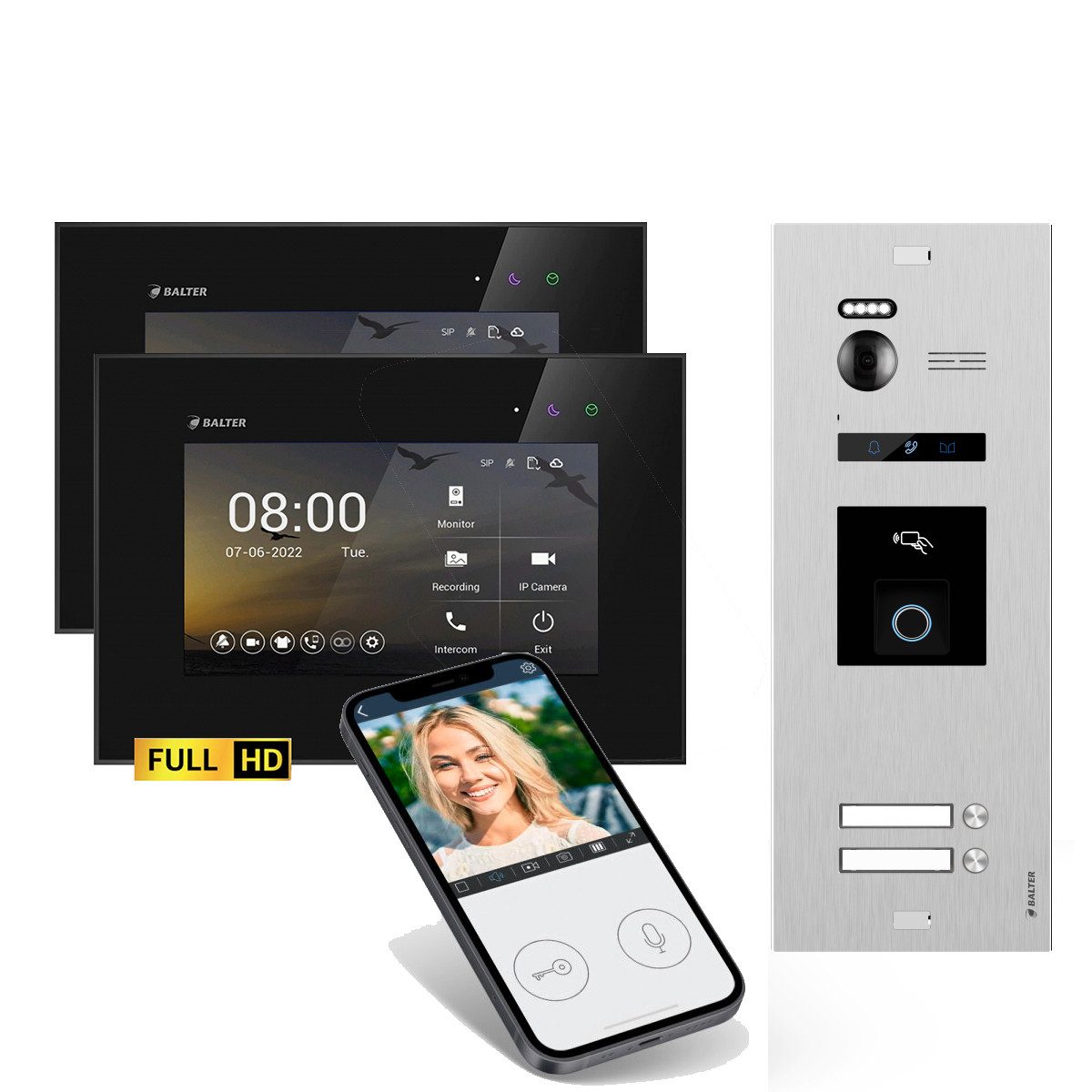 Balter Video-Türsprechanlage BALTER HD WLAN Türsprechanlage FP/RFID EVO 2-Familienhaus Schwarz (Set, 2-Familienhaus, Komplettset, Full HD 175° Kamera, Fingerprint, RFID)