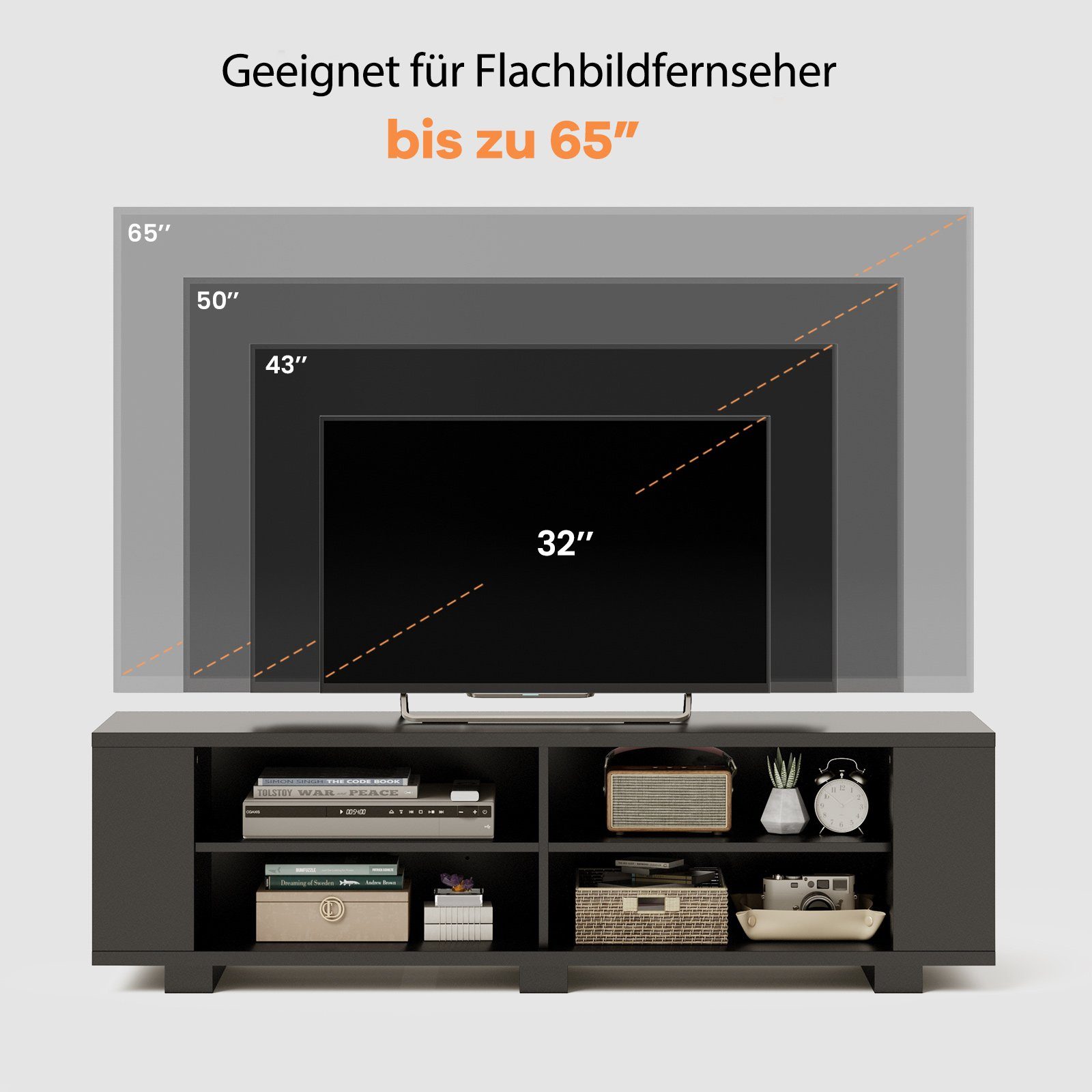 Schwarz COSTWAY Holz, Regalen, 150cm mit TV-Schrank 8 Fächern, verstellbaren offenen