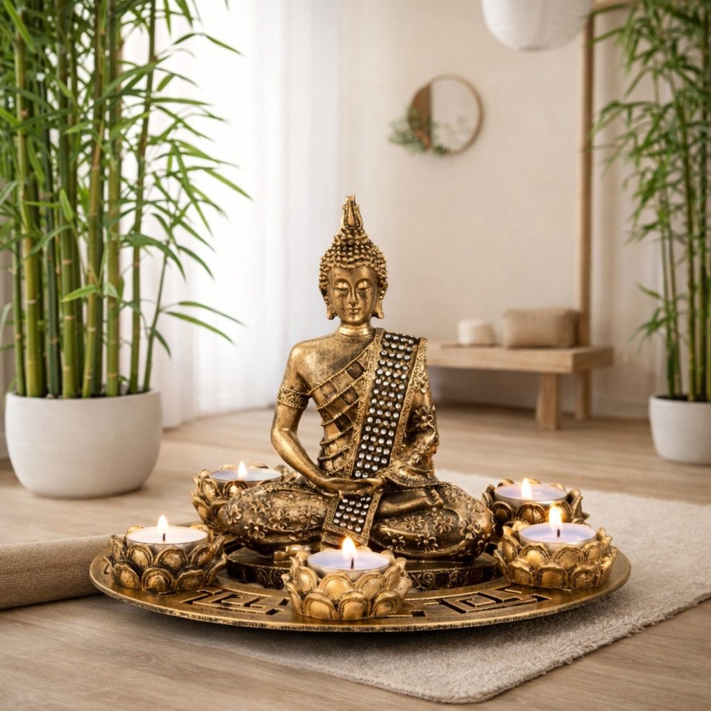 LB H&F Lilienburg Dekotablett Dekotablett Buddha Statue Figur Gold Teelichthalter mit Deko (Kerzenständer Windlicht SET Geschenkset Dekoteller Dekotablett Kerzentablett braun gold Wellness Zen Garten Yoga, Meditation Geschenk Geburtstag Mama Mutter Freundin Bad Badezimmer), meditieren Kerzentablett modern Teelichthalter Kerzenhalter Wohnzimmer
