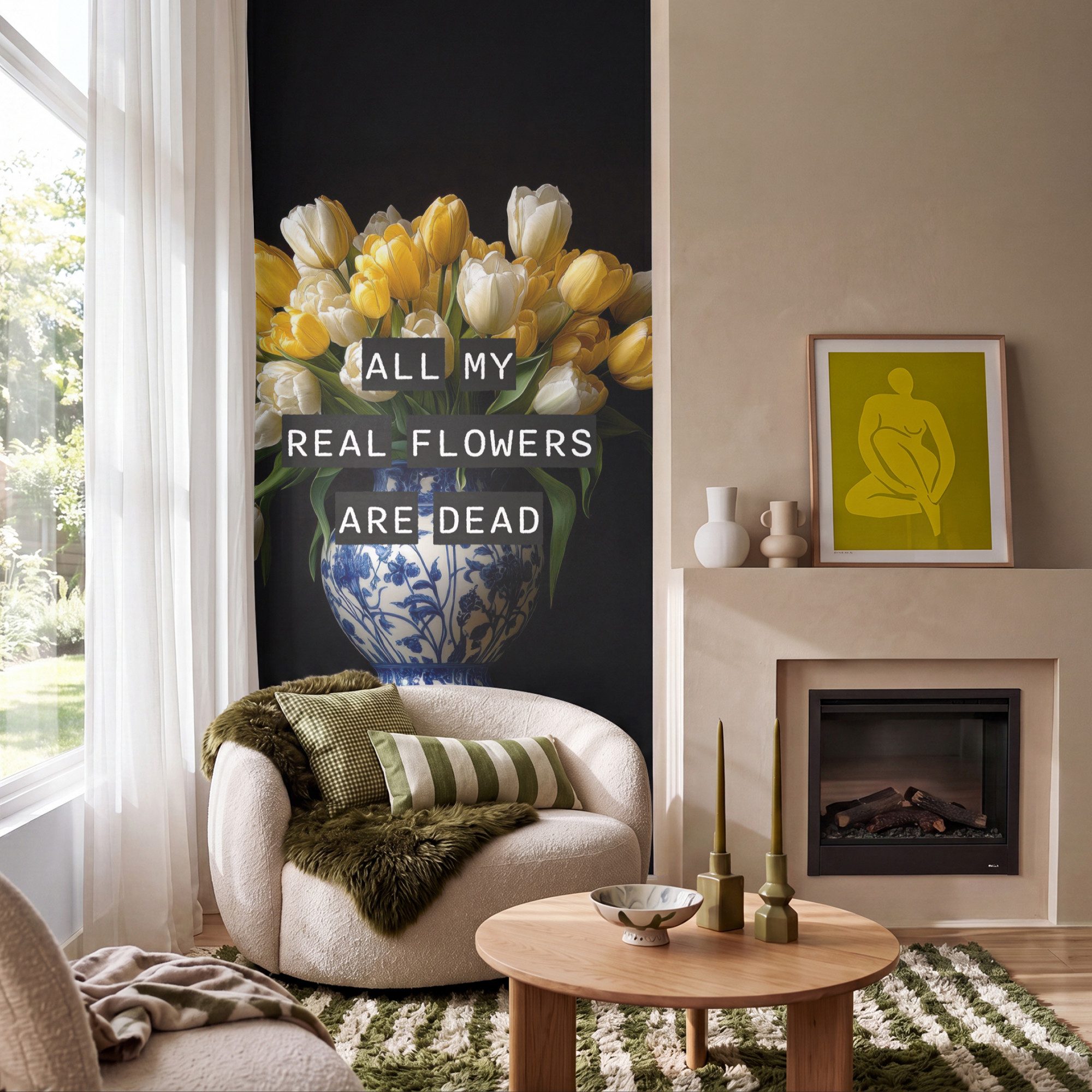 OnlyWow Fototapete Zitate - Blume - Tulpe - Gelb, Matt, bedruckt, Wandtapete, Schlafzimmer, bedruckt 100x220cm