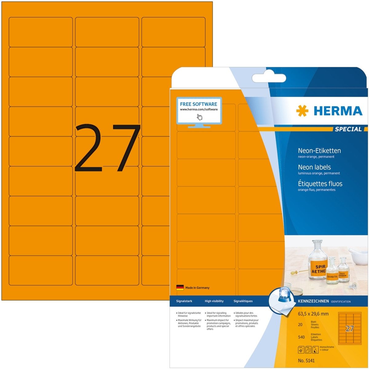 Etiketten Etiketten neon-orange 63,5x29,6mm Special A4 LaserCopy 540 Stück