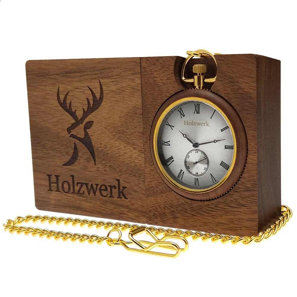 Holzwerk Taschenuhr HANNOVER 2 in 1 Holz Tisch Uhr, Kette & Etui, Braun, silber, Gold, (Set, inkl. Kette)