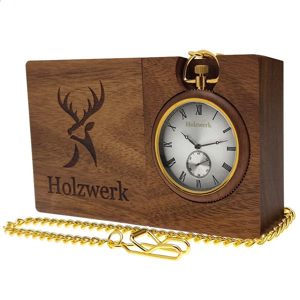 Holzwerk Taschenuhr HANNOVER 2 in 1 Holz Tisch Uhr, Kette & Etui, Braun, si günstig online kaufen