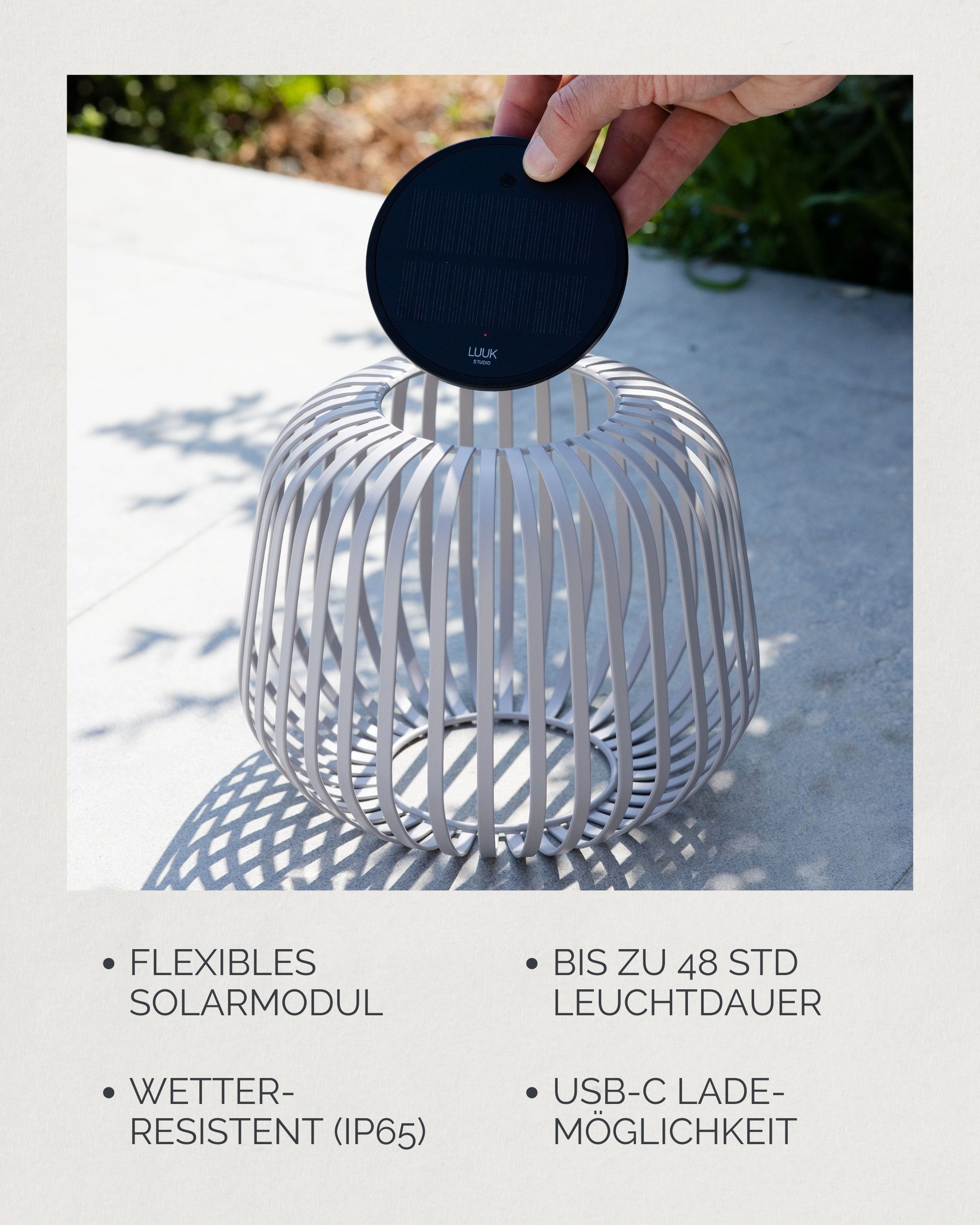 LUUK Studio LED Solarleuchte SOLIS, LED fest integriert, warmweißes Licht (2700 K), Tageslichtweiß, Kabellose LED Laterne mit herausnehmbaren Solarmodul