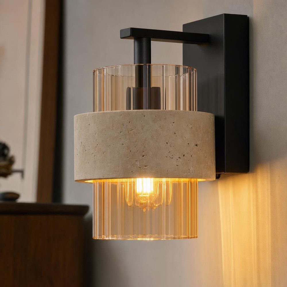 GLOBO LIGHTING Wandleuchte, Leuchtmittel nicht inklusive, Wandleuchte, schwarz, Travertine Stein, gemustertes, Glas, H 21 cm