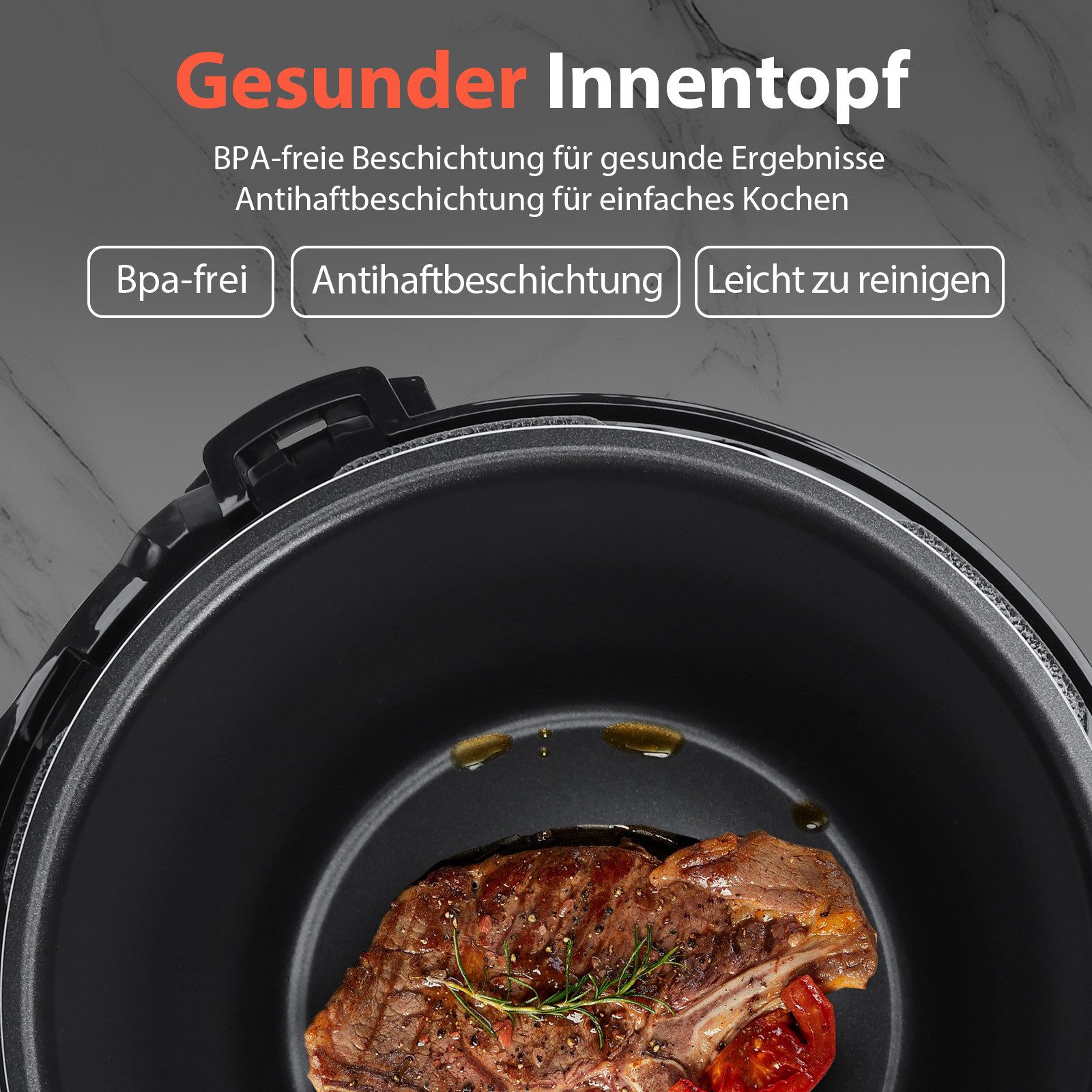 Aigostar Reiskocher 6L Schnellkochtopf, 18-in-1 Multikoche, Pressure Cooker, Rice Cooker, 1000 W, 24h Timer & Warmhalte, Antihaftbeschichtung, 10+ Sicherheitsme – Bild 5 von 5