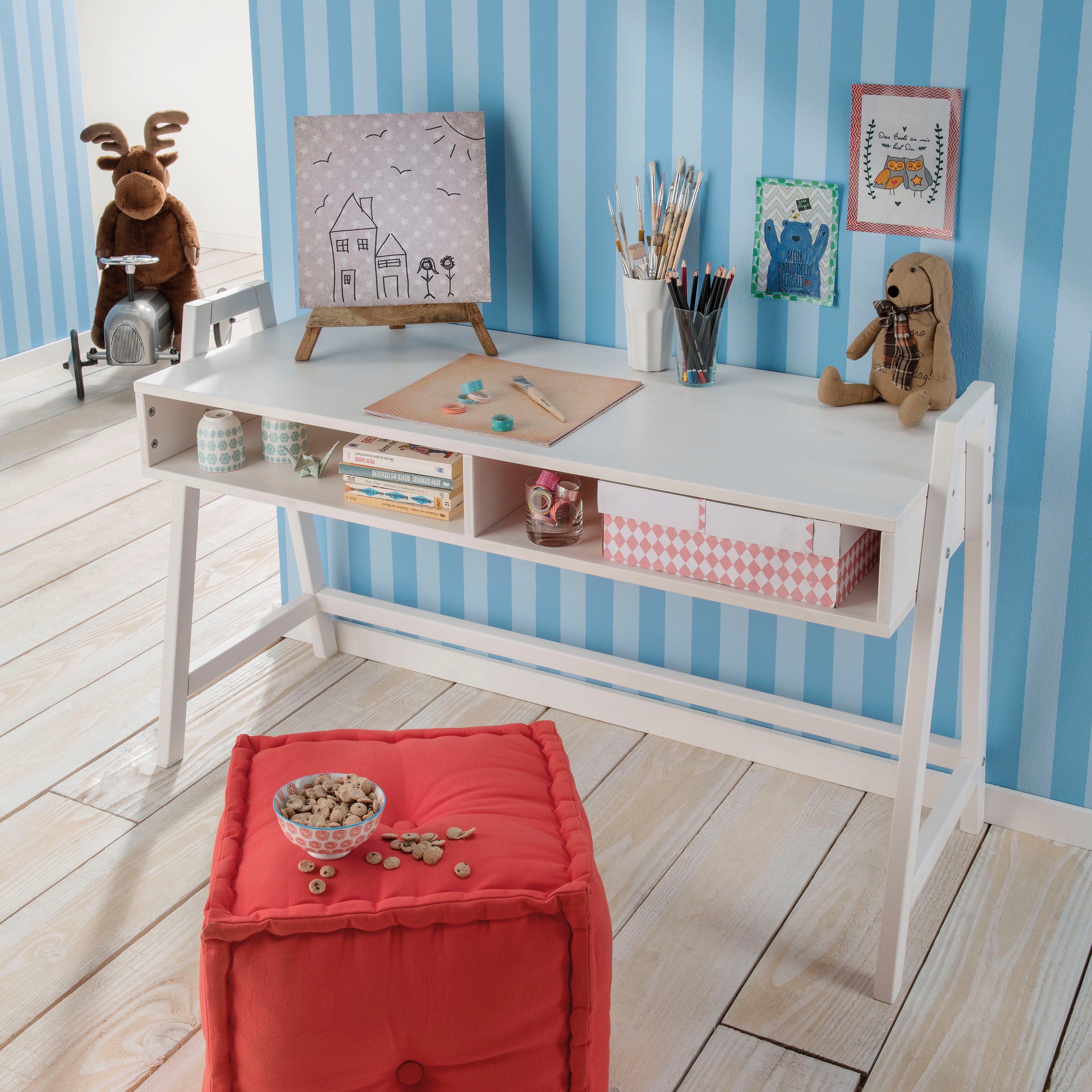 Lüttenhütt Kinderschreibtisch Hinnerike, Schreibtisch in mit Kiefer massiv lasiert Stauraum Kiefer weiß höhenverstellbar massiv