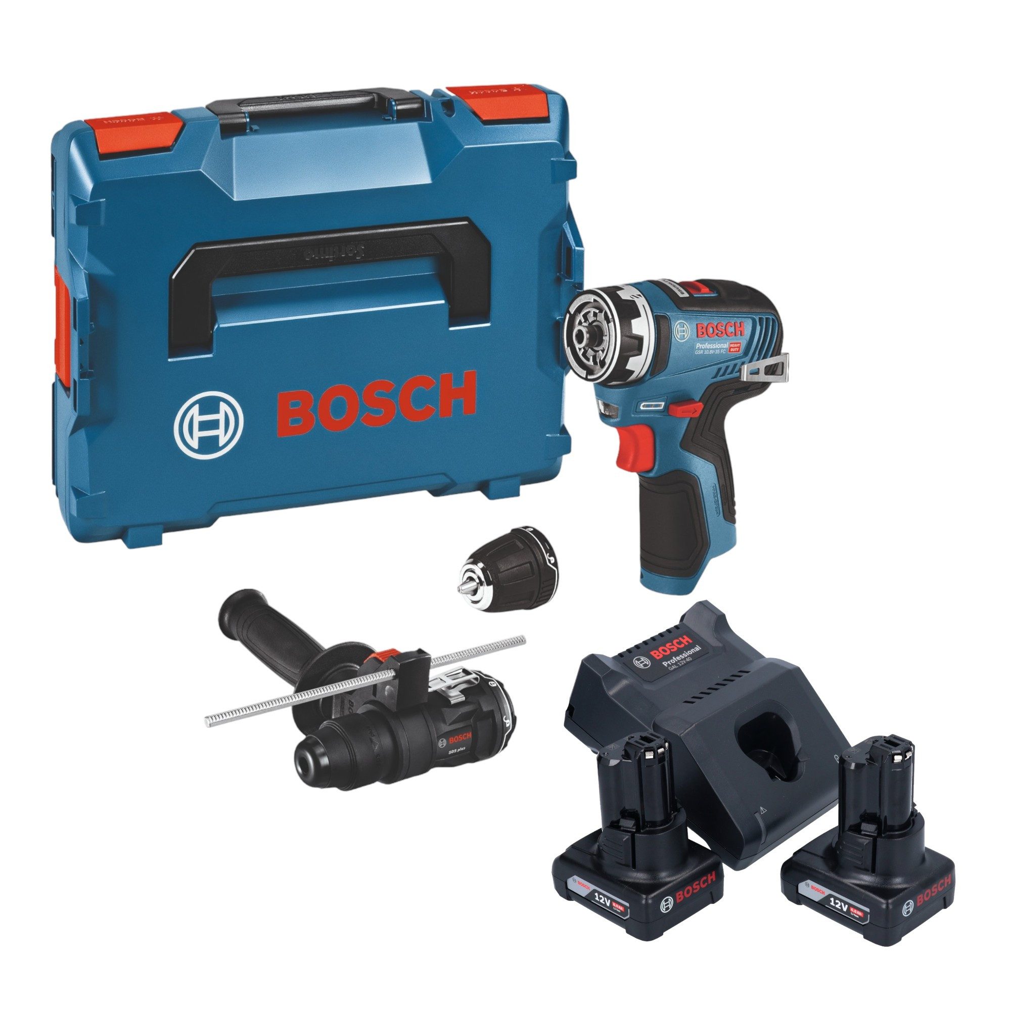 Bosch Professional Säulenbohrmaschine GSR 12V-35 FC 12 V 35Nm + 2x Akku 6,0 Ah + Lader + 2x Aufsatz + L-Boxx
