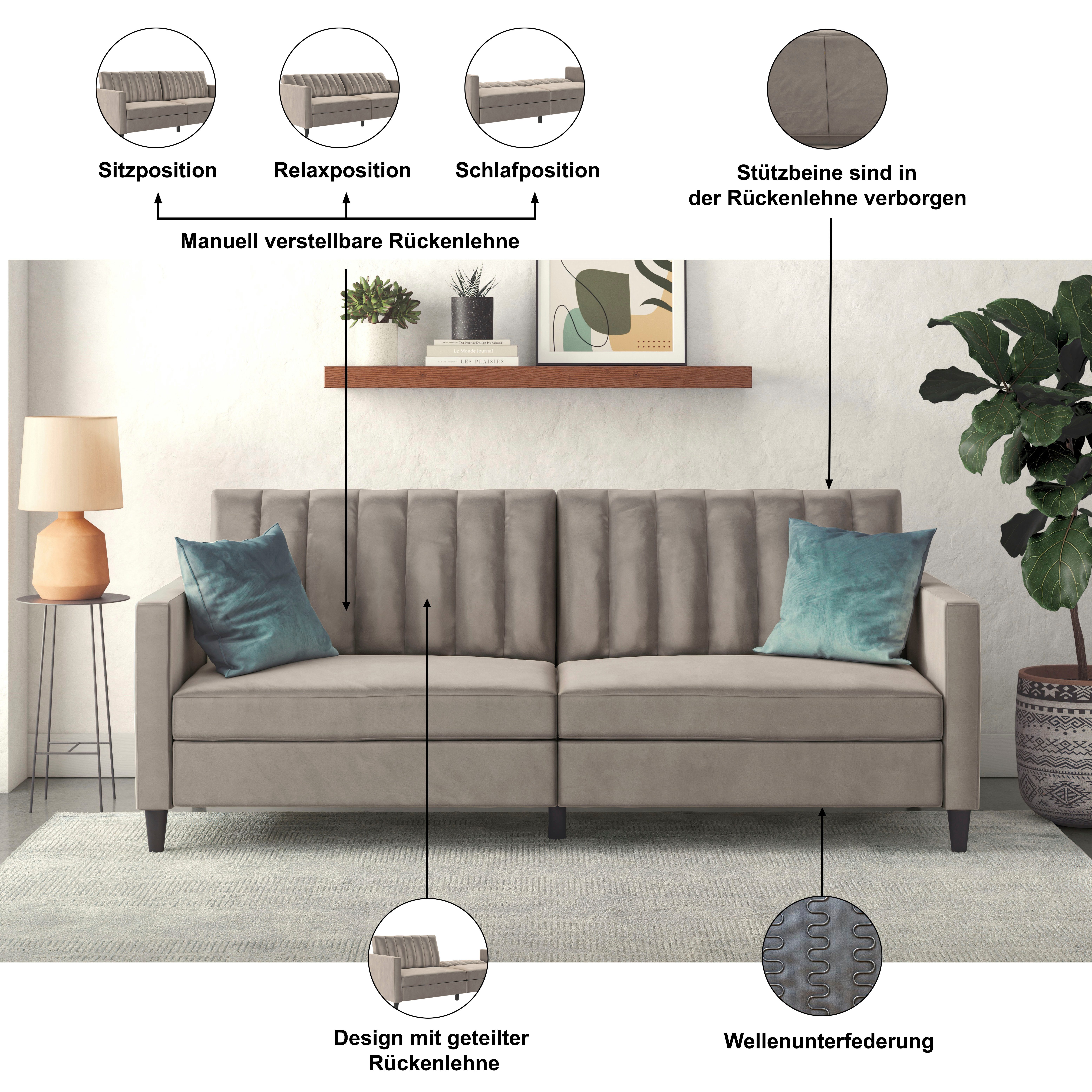 Dorel Home 3-Sitzer Celine, Rückenlehne 2-teilig und 3-fach verstellbar, Sitzhöhe 43 cm