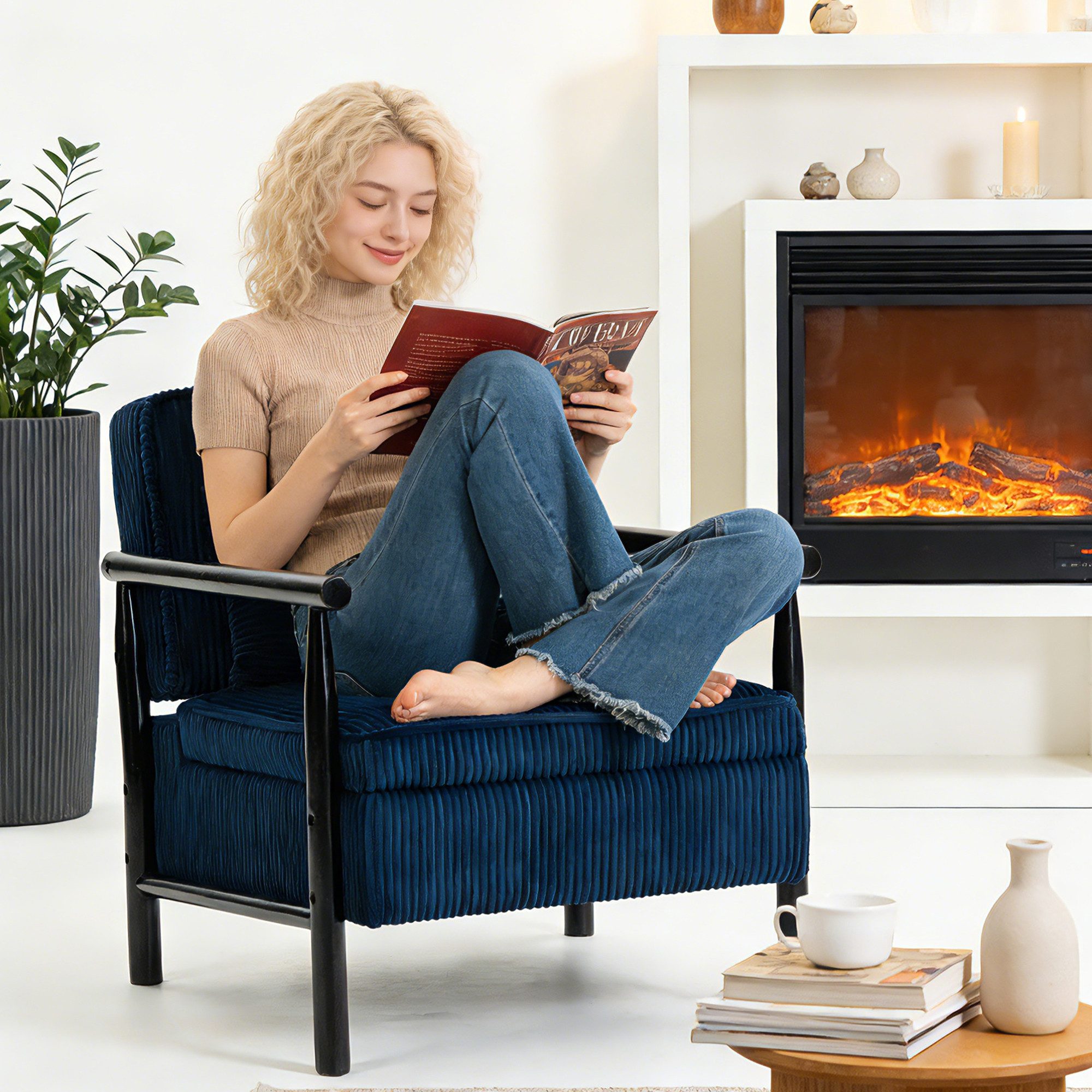 KLAM HOME Relaxsessel Sessel Weißer Samt Holzkonstruktion (Mittelalterlich Moderner Akzentstuhl mit Lendenpolster), Polsterlesesessel Wohnzimmer Schlafzimmer Wintergarten
