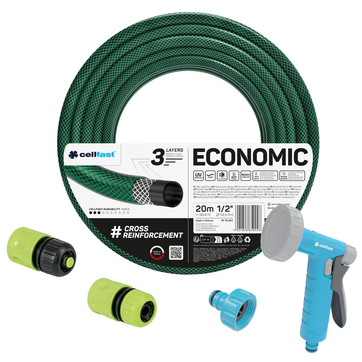 Cellfast Gartenschlauch 1/2" 20 m mit Sprühkopf und Anschlüssen, Anti-Algen, UV-beständig