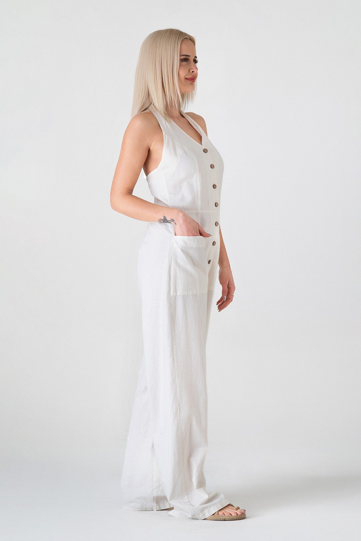 WENOR Overall Women's Jumpsuit Linen-Viscose with Buttons & Neck Tie Natural Fiber, Airy Summer Design