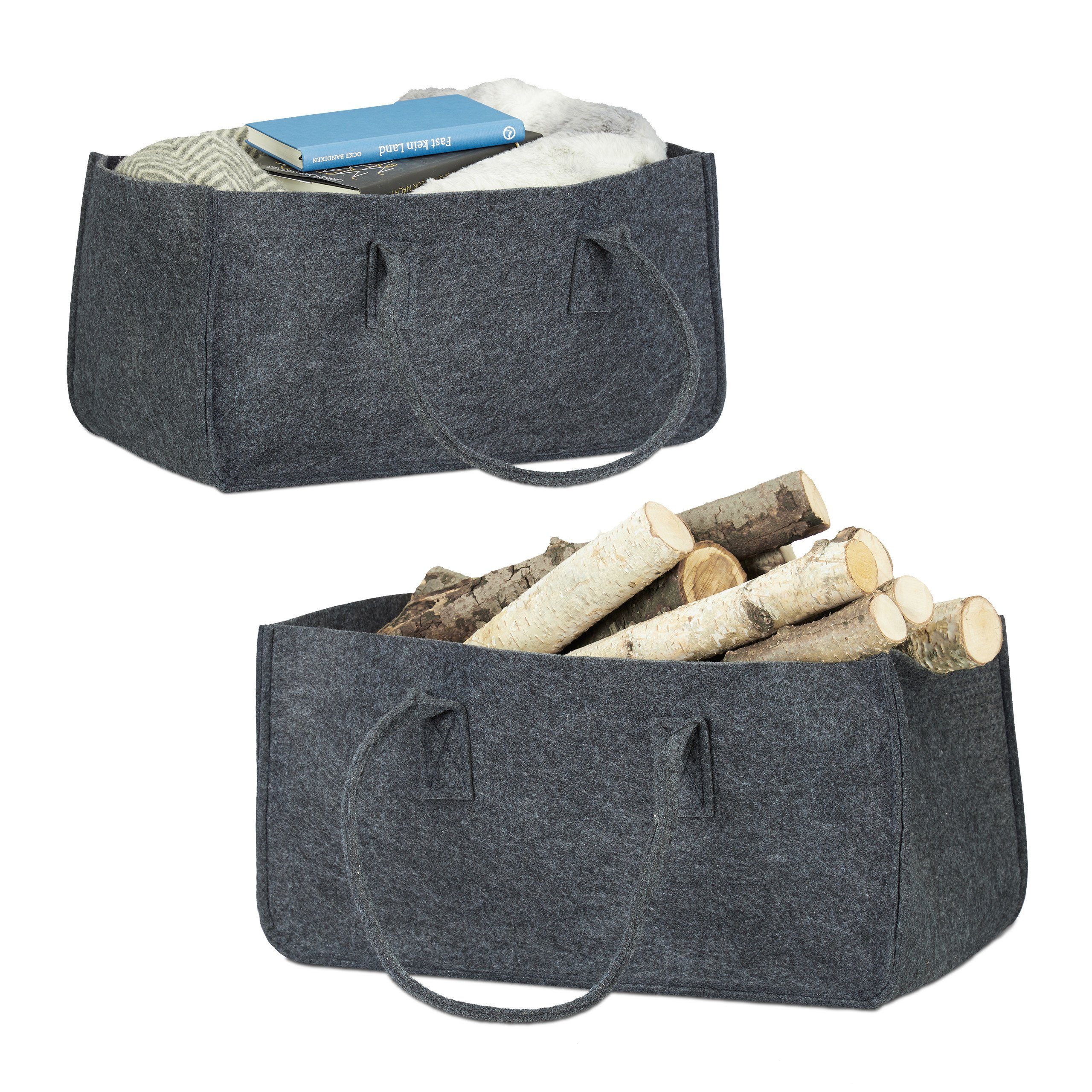 relaxdays Holztragetasche 2 x Kaminholztasche aus Filz anthrazit