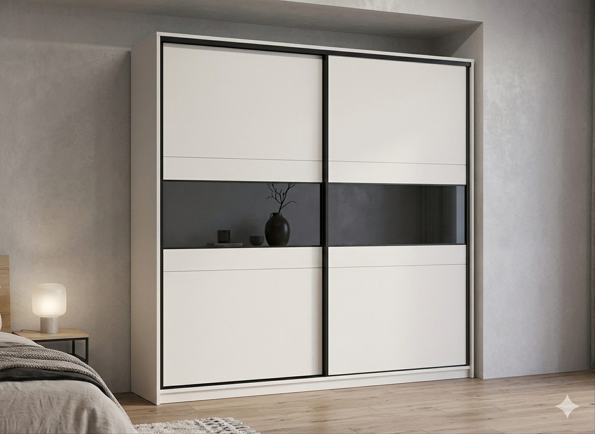 COMBO Schiebetürenschrank 226x220cm Schwarzes Glas Kaschmir Schlafzimmer modern exklusiv (2 Schiebetüren schwarzes Glas Kleiderstangen Regalböden) Kaschmir Schwarz elegant zeitlos dark luxury stilvoll