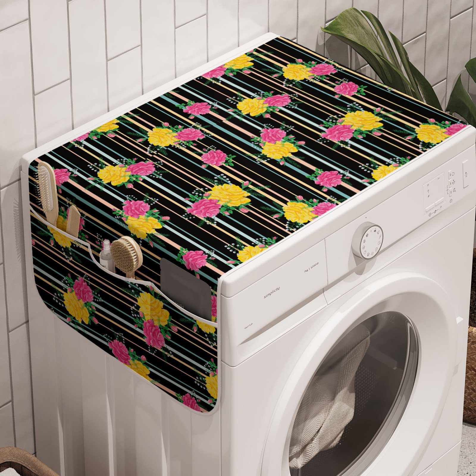 Abakuhaus Badorganizer Anti-Rutsch-Stoffabdeckung für Waschmaschine und Trockner, Blumen Rosen auf vertikale Streifen