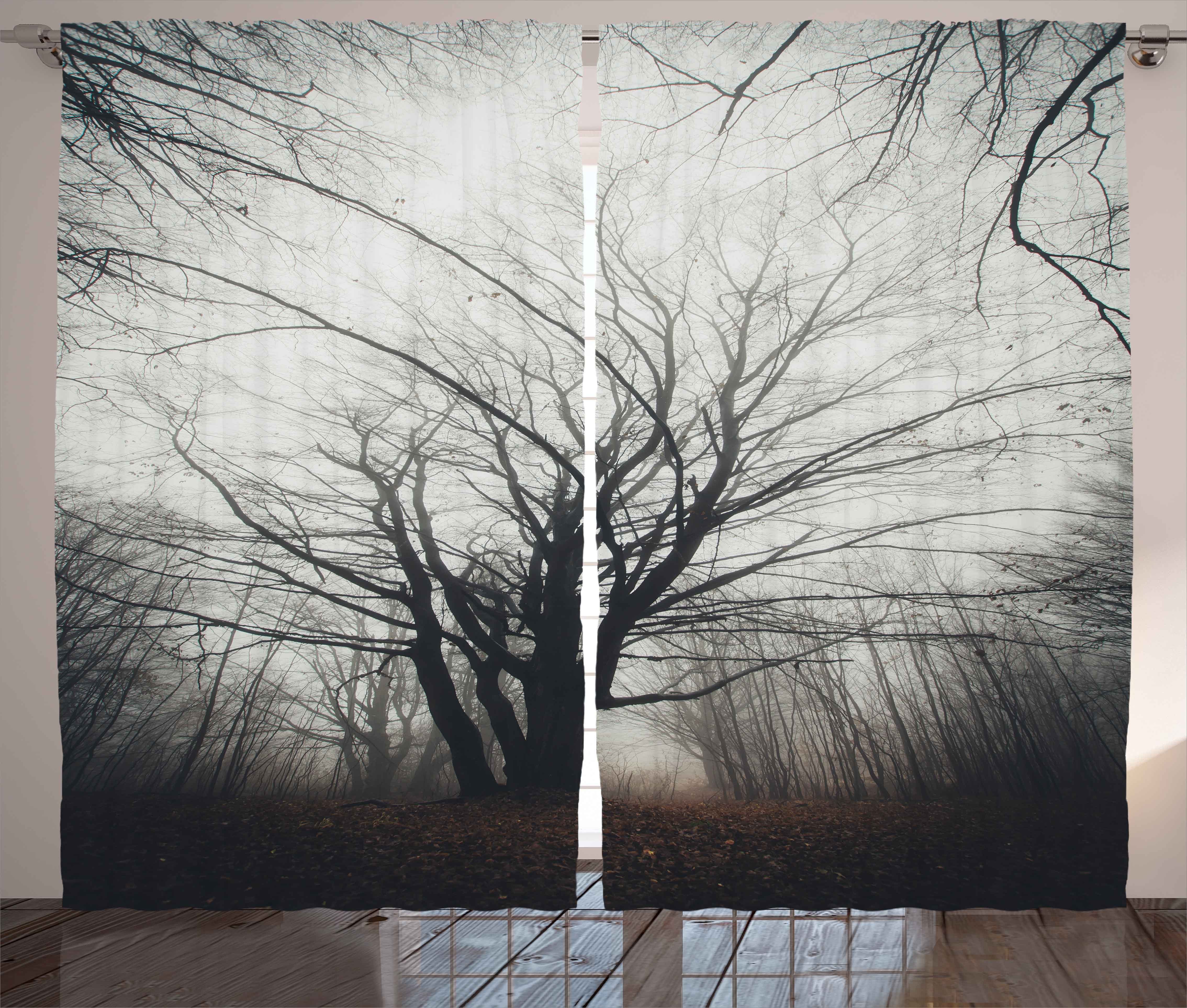 Gardine Schlafzimmer Kräuselband Vorhang mit Schlaufen und Haken, Abakuhaus, Natur Herbst-Baum im Nebel Dunkel