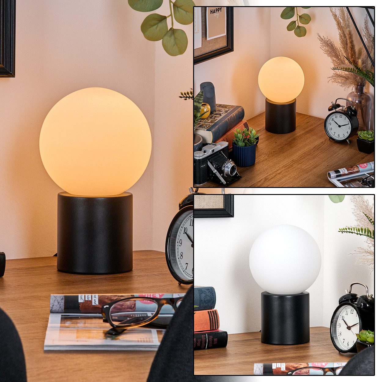 hofstein Tischleuchte Tischlampe aus Metall/Glas in Schwarz/Weiß/Milchglas, ohne Leuchtmittel, Leuchte im Retro/Vintage-Design mit Glasschirm (15 cm), 1 x E14