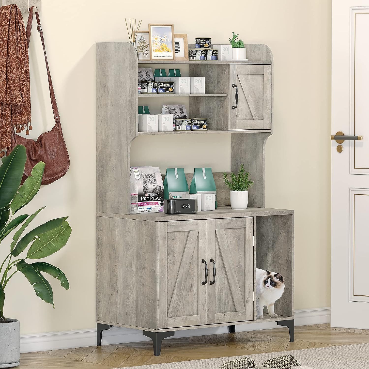 GarveeMore Katzentoilette Verkleidung mit Regalen und Türen,Stabiles Möbelstück aus Holz, zur diskreten Unterbringung der Katzentoilette – Katzenhaus-Möbel