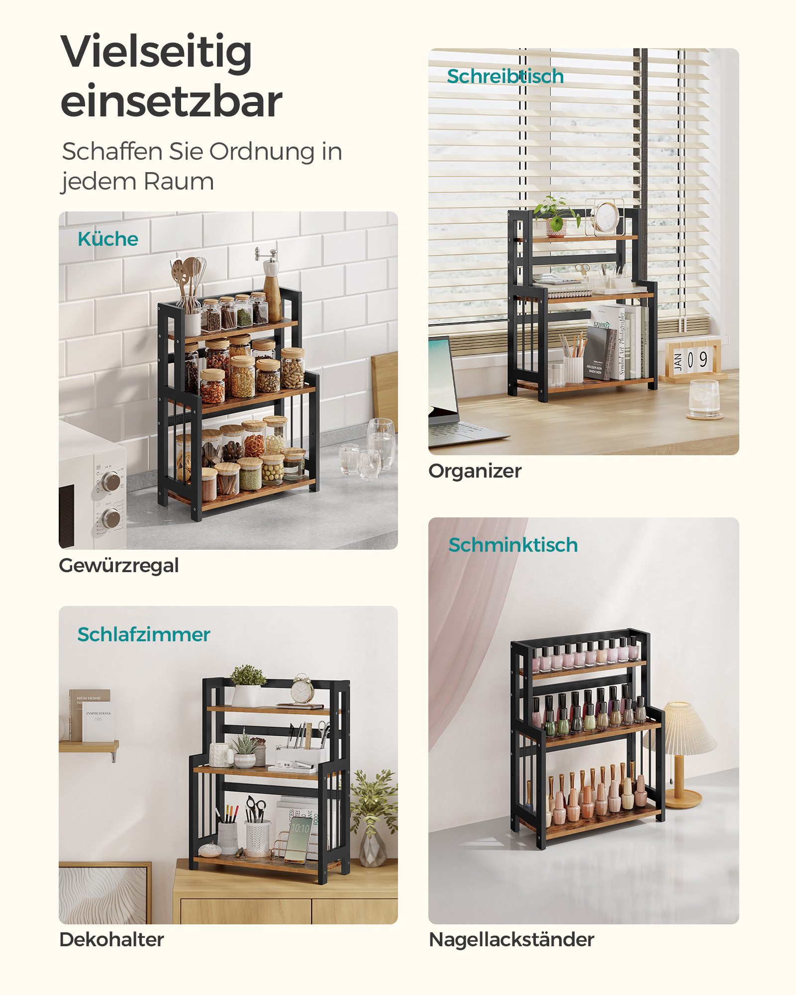 SONGMICS Gewürzregal Küchenregal, Aufbewahrungsregal, mit 3 Ebenen, für Arbeitsplatte, Bambusgestell – Bild 5 von 5