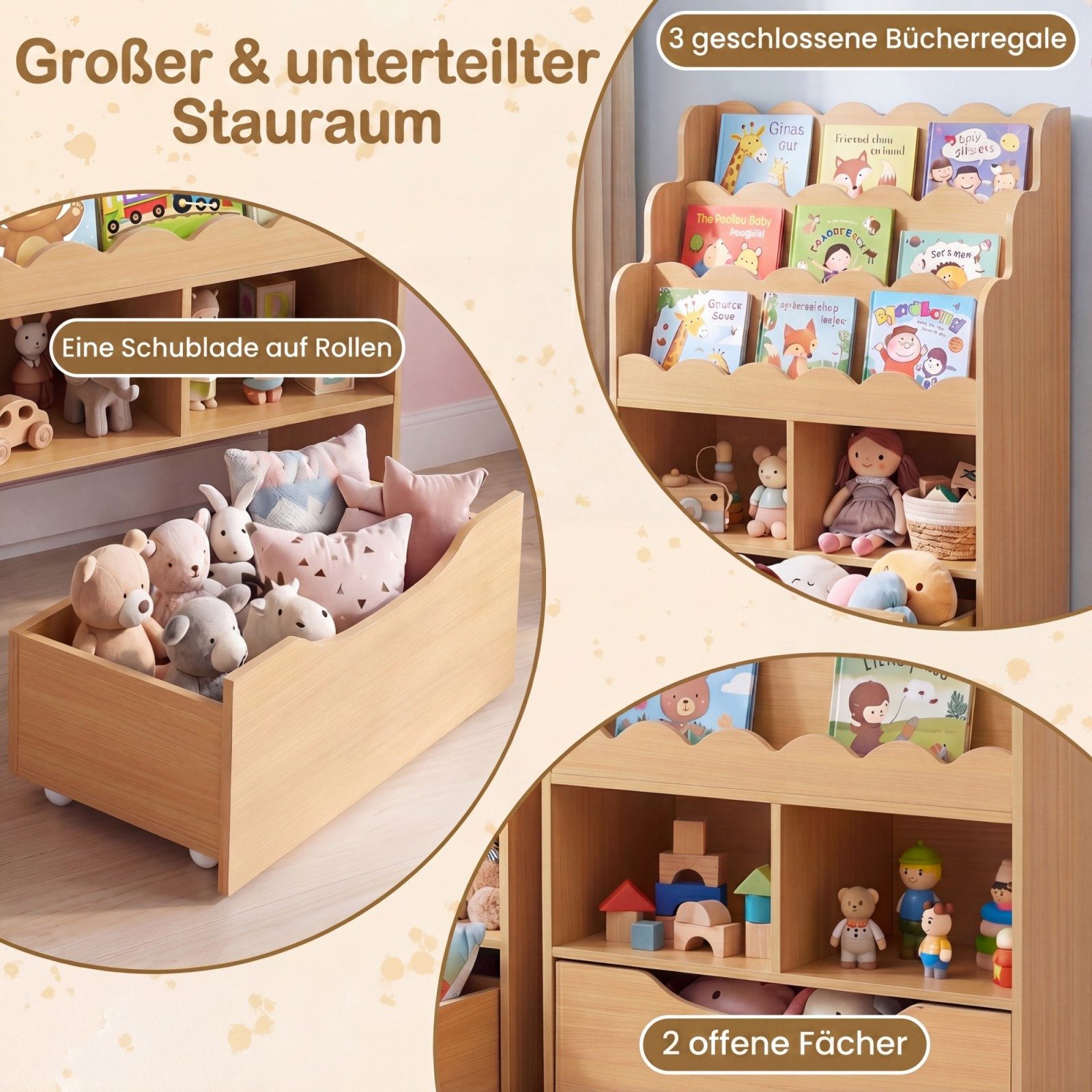 COSTWAY Kinderregal, Spielzeugregal mit 5 Ebenen, Schubladen auf Rollen & 2 offenen Fächern