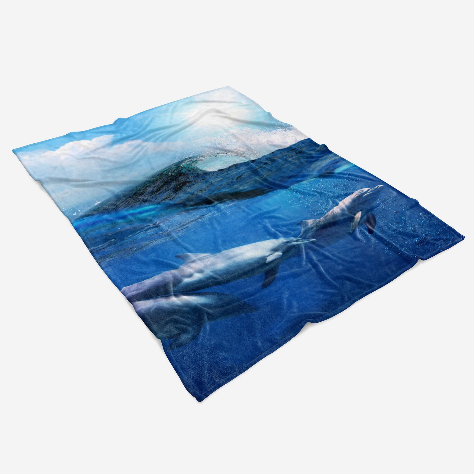 Saunatuch Baumwolle-Polyester-Mix Handtücher mit Kuscheldecke Fotomotiv Handtuch Meer Sinus Art Handtuch Strandhandtuch (1-St), Delfine Welle,