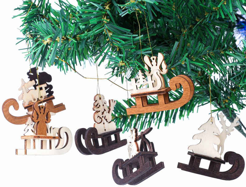 BRUBAKER Christbaumschmuck Schlitten Holzanhänger Set (6-tlg), Baumschmuck für den Weihnachtsbaum aus Holz, 5,5 cm hoch