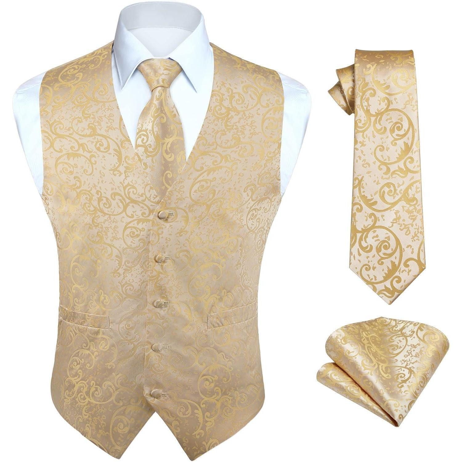 LuxusKollektion Krawatte Weste Herren Hochzeit Jacquard Krawatte Einstecktuch S Champagner