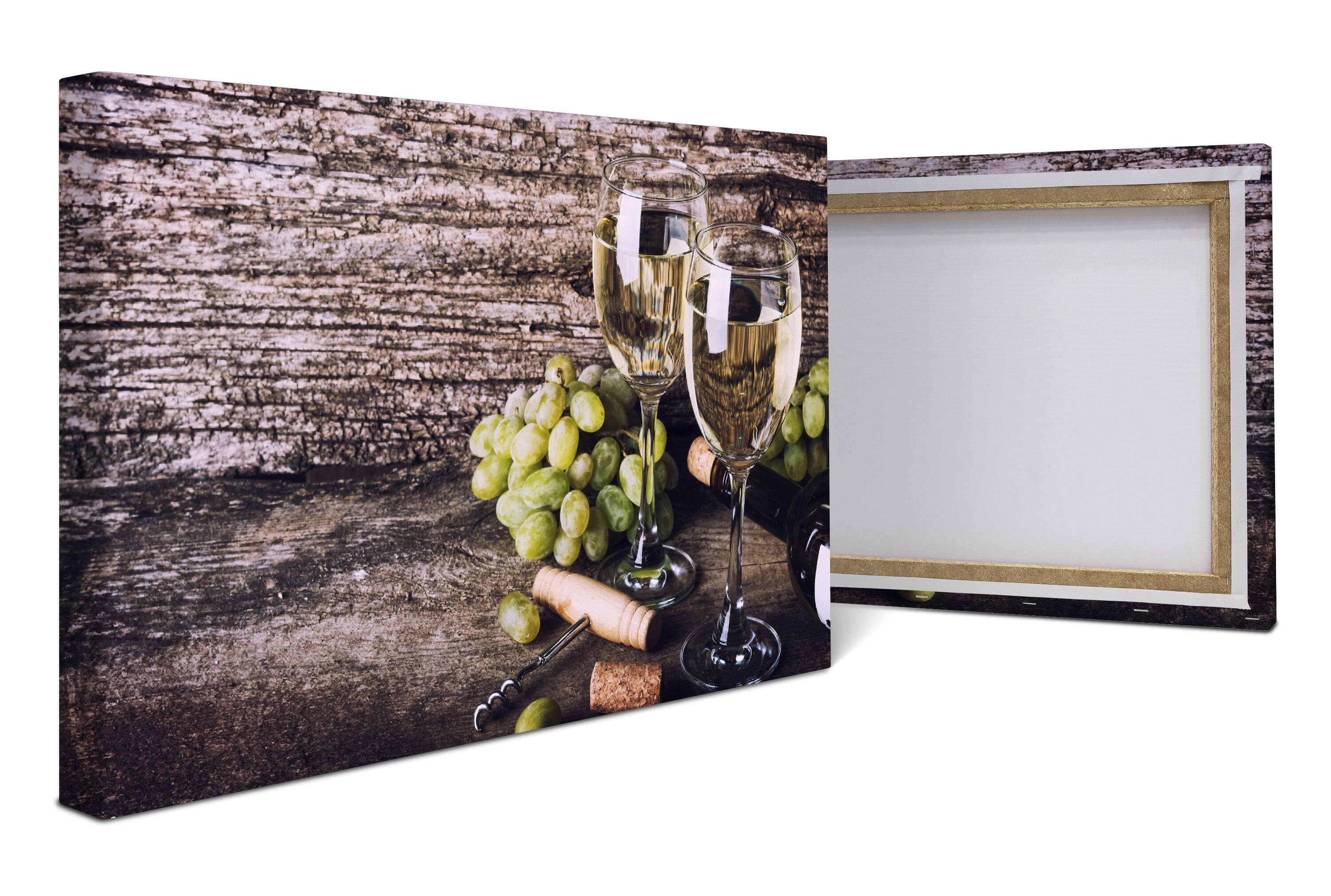 wandmotiv24 Leinwandbild alten hölzernen Hintergrund mit Gläser Weißwein, Essen & Trinken (1 St), Wandbild, Wanddeko, Leinwandbilder in versch. Größen