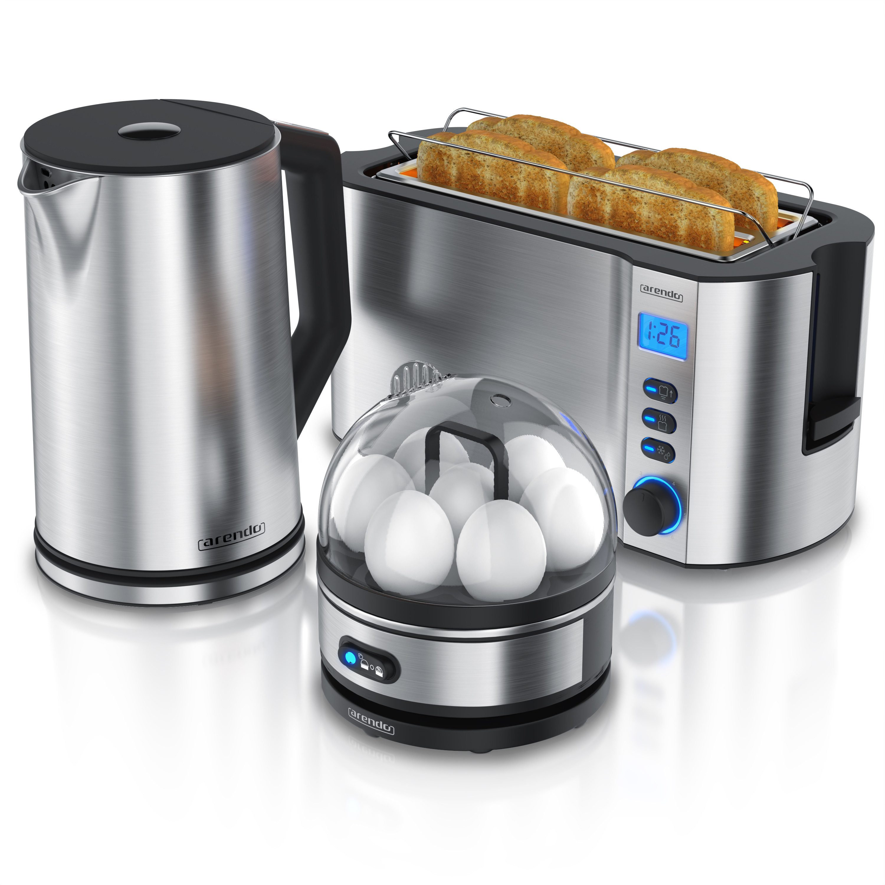 Arendo Frühstücks-Set Wasserkocher 1,5l, 4-Scheiben Toaster, 7er Eierkocher, Silber (3-tlg), Edelstahl, BPA-frei, GS-geprüfte Sicherheit, fürs Familienfrühstück