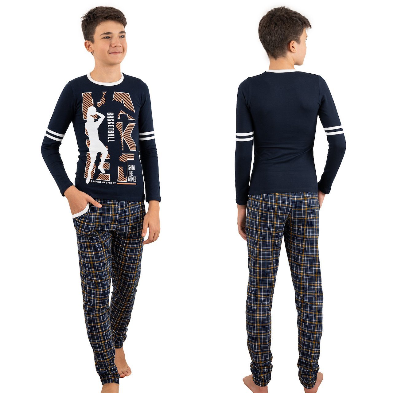 LOREZA Pyjama Jungen zweiteiliger Schlafanzug Langarm Baumwolle - Basketball (Set, 2 tlg)