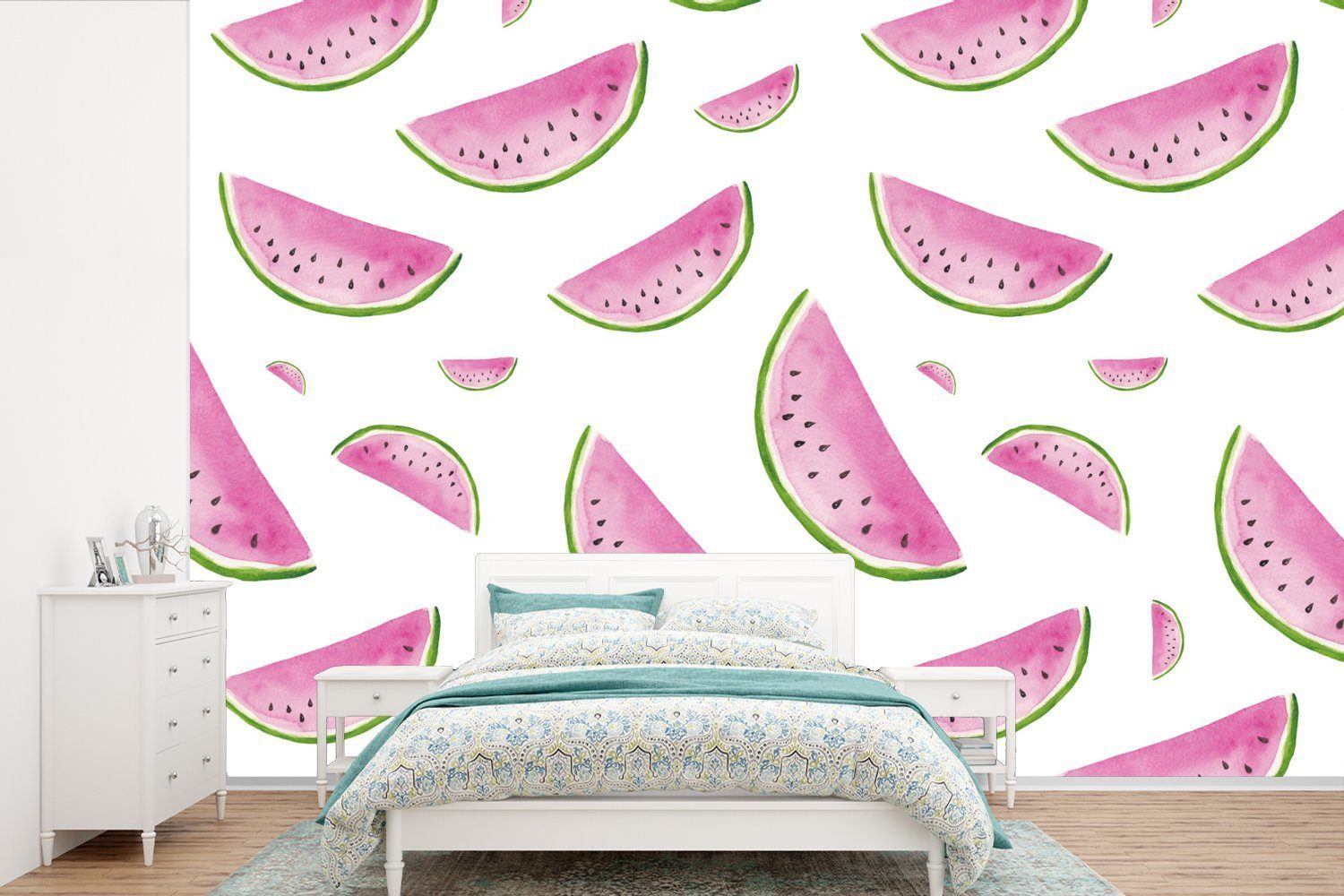 MuchoWow Fototapete Wassermelonen - Weiß - Pastell, Matt, bedruckt, (6 St), Wallpaper für Wohnzimmer, Schlafzimmer, Kinderzimmer, Vinyl Tapete