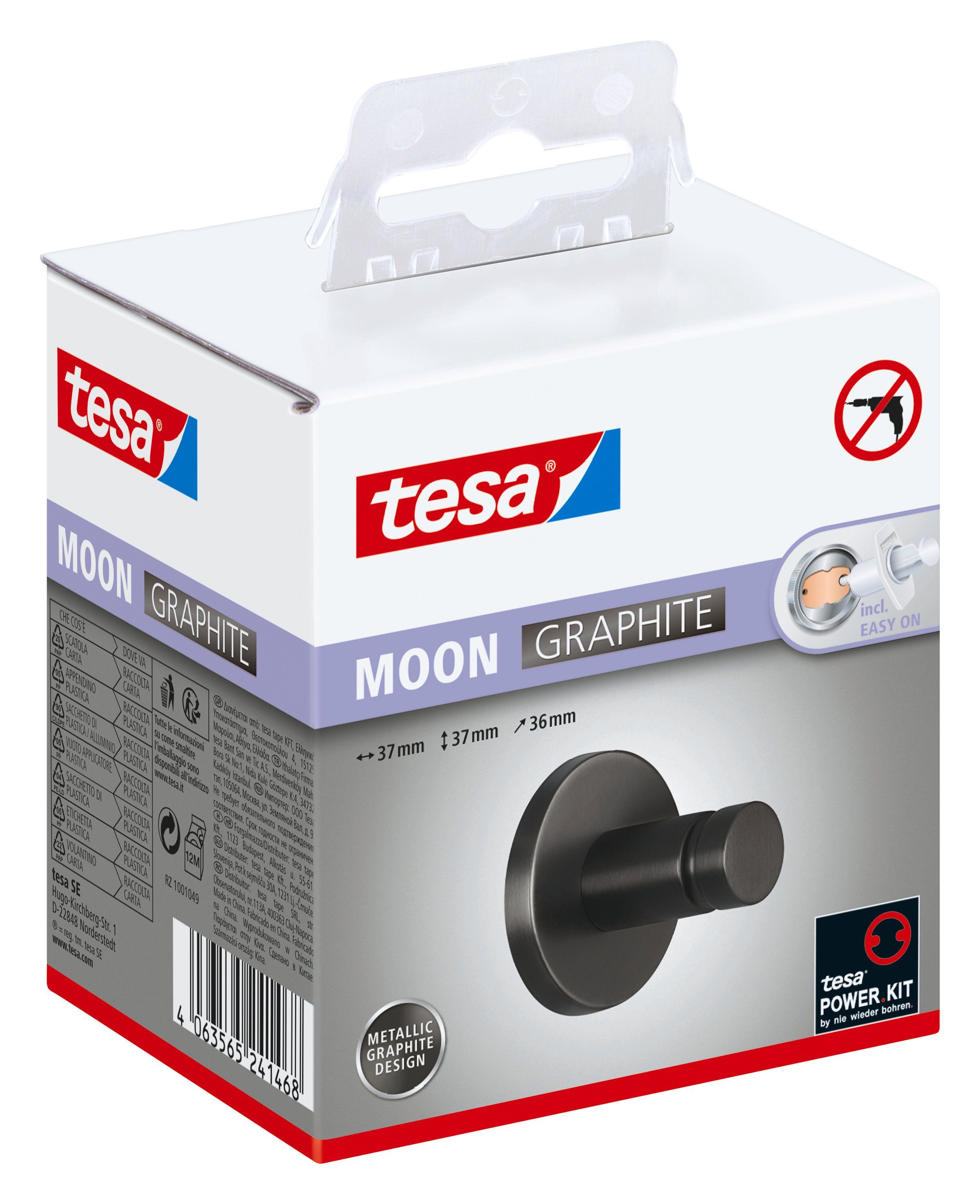 tesa Сушки для рушників Гачок для рушника MOON - selbstklebender Сушки для рушників, PVD-beschichtetes Metall - ohne Bohren - 37 x 37 x 36 mm - Grafit