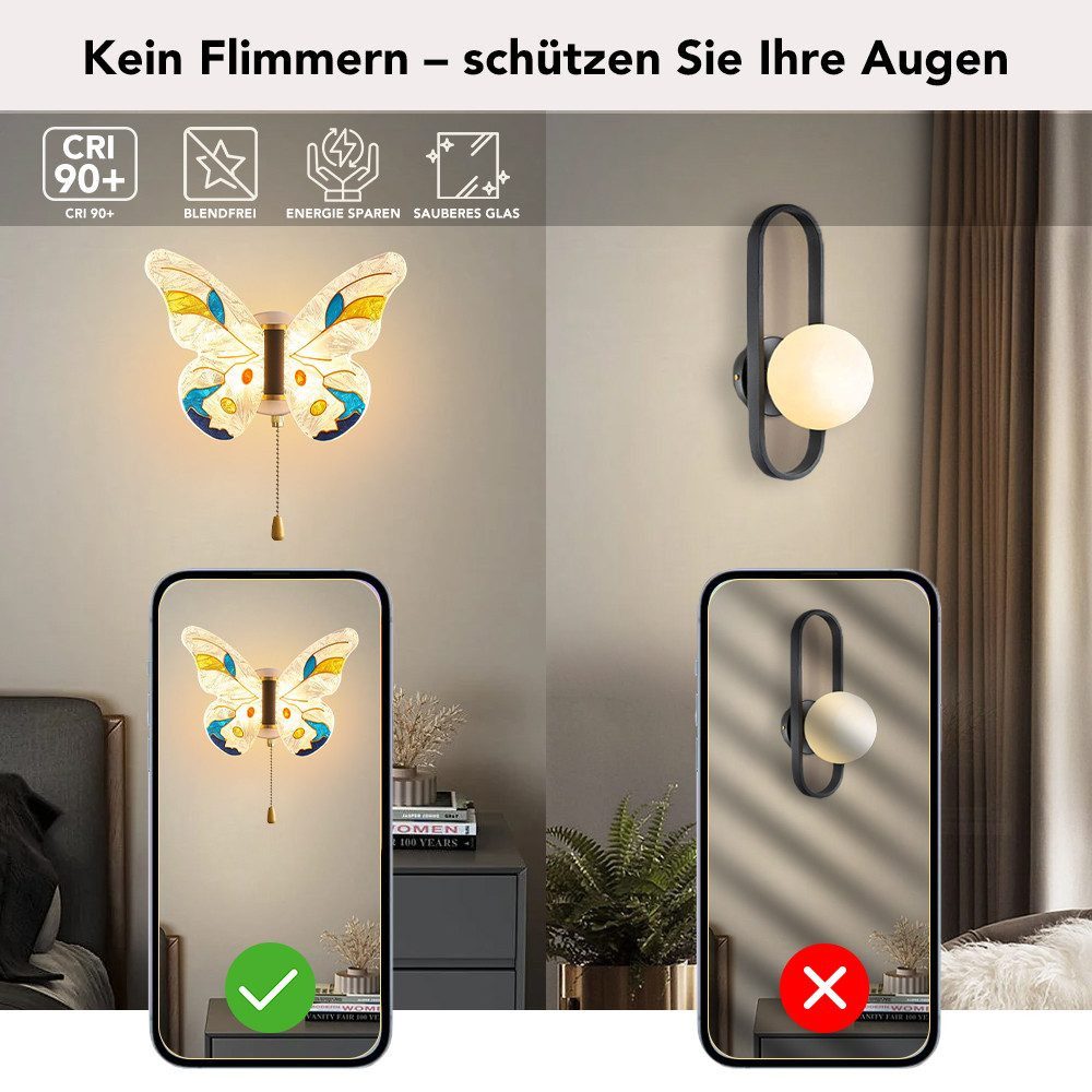 POPOLIC LED Wandleuchte LED-Wandleuchten Dimmbar 3 Farbtem Schmetterlings Wandlampe 8W, Mit Zugschalter, LED fest integriert, Acryl Wandlampe für Schlafzimmer,Kinderzimmer,Treppen,Flur