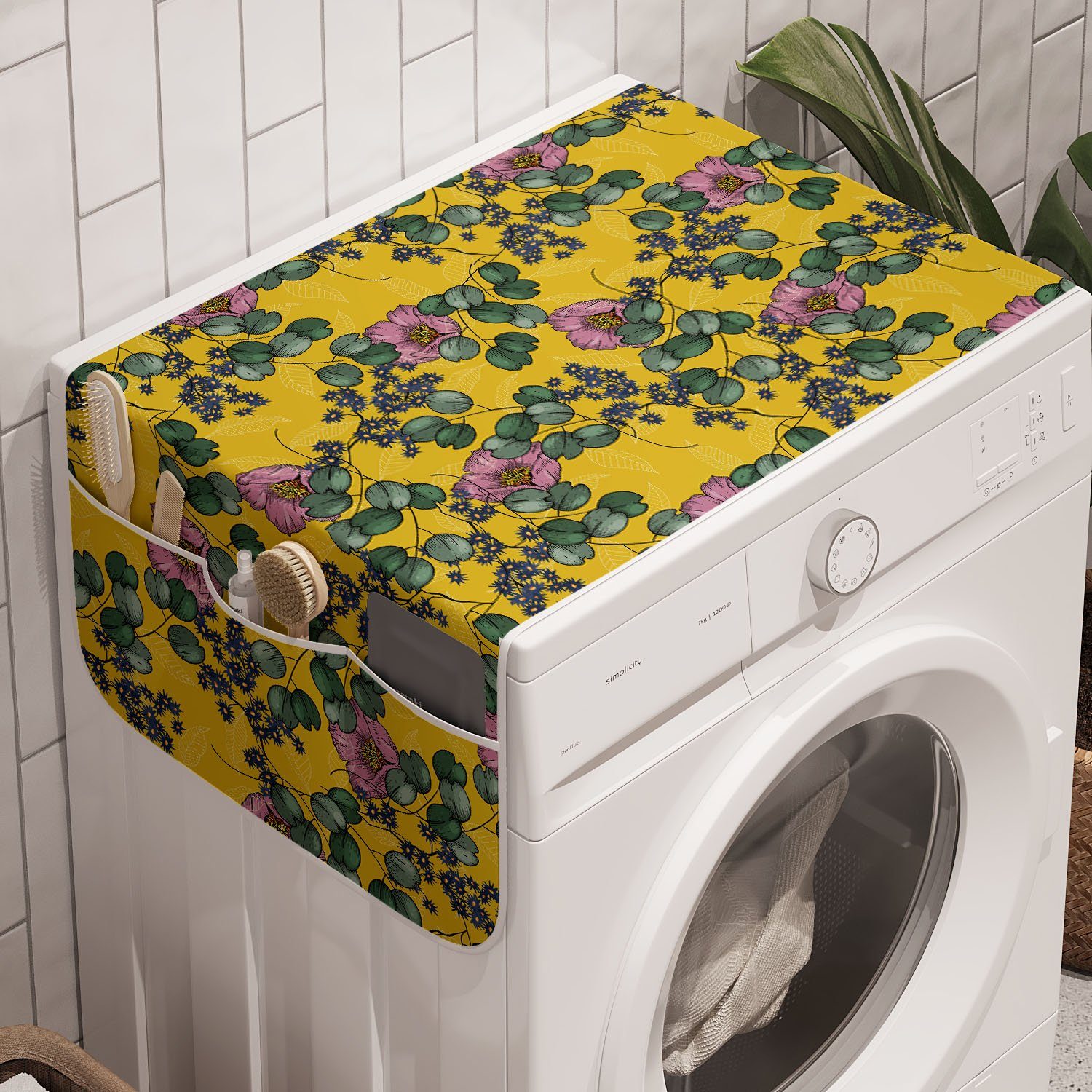 Anti-Rutsch-Stoffabdeckung Abakuhaus Waschmaschine Badorganizer einem Blumen auf Blumen gelben und Trockner, Hintergrund für