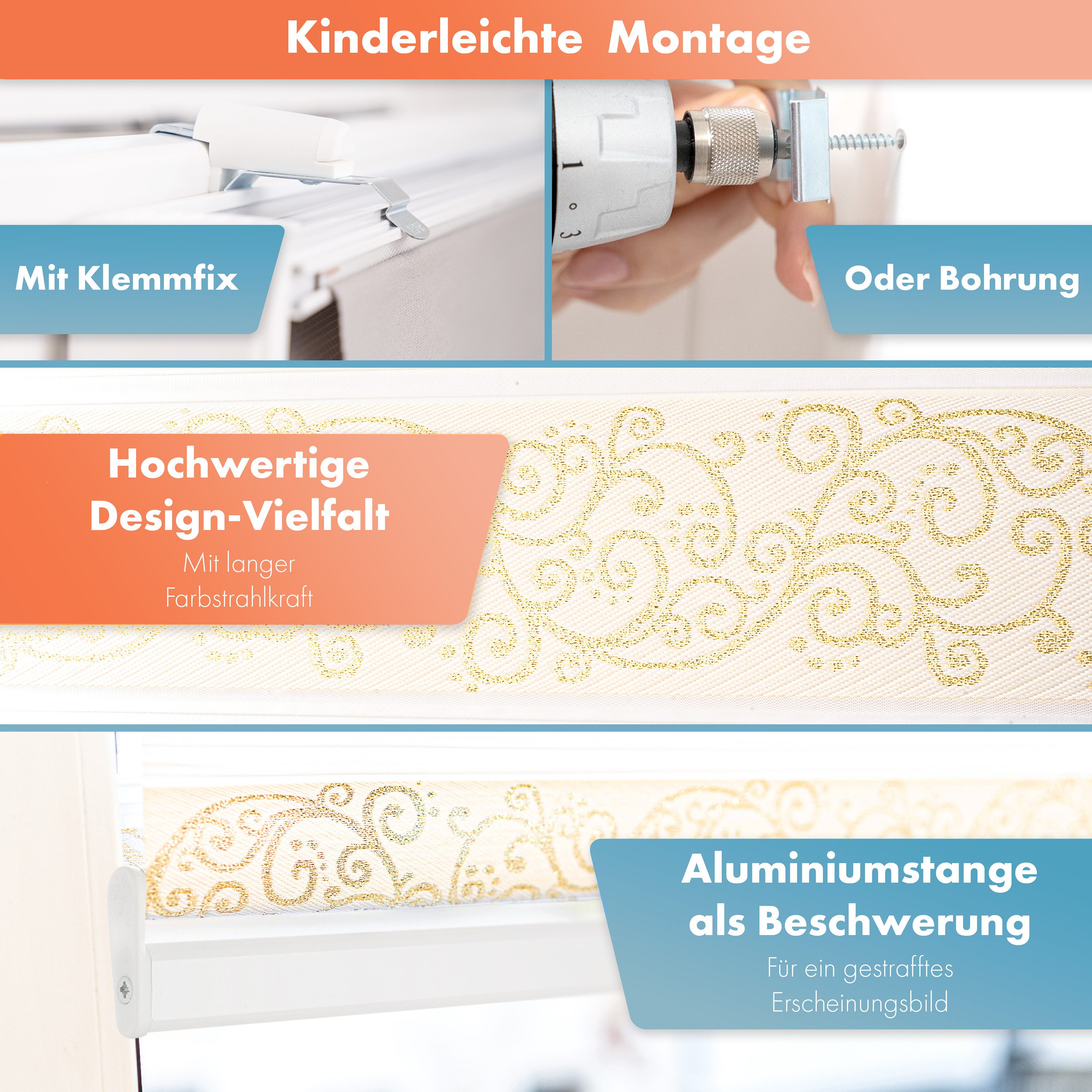 Doppelrollo ohne Bohren, Doppelrollo für Fenster mit Muster, Bailena, Lichtschutz, ohne Bohren, freihängend, Klemmfix, Duo Rollos mit Perlen, glitzernd, Ranken Blumen Motiv