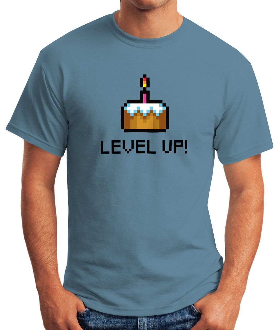 Pixel-Torte Moonworks® T-Shirt Fun-Shirt Arcade Level blau Gamer Retro Up Herren Pixelgrafik MoonWorks Print-Shirt mit Geburtstag Geschenk Print
