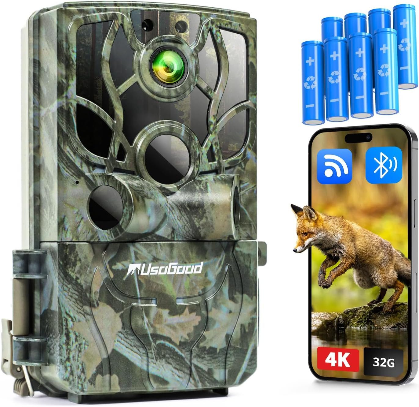 Usogood Wildkamera 4K 48MP Wildkamera mit Handyübertragung APP WLAN Bluetooth (AuBenbereich, Für Garten Haustierüberwachung, Spiele und Trail Outdoor -Sicherheit, AuBenbereich,Für Garten Haustierüberwachung, Spiele und Trail Outdoor -Sicherheit, 1-tlg., Jagdkamera mit Bewegungsmelder Nachtsicht 120° Weitwinke, Wildtierkamera 0,2S Auslösezeit WiFi Handyübertragung)