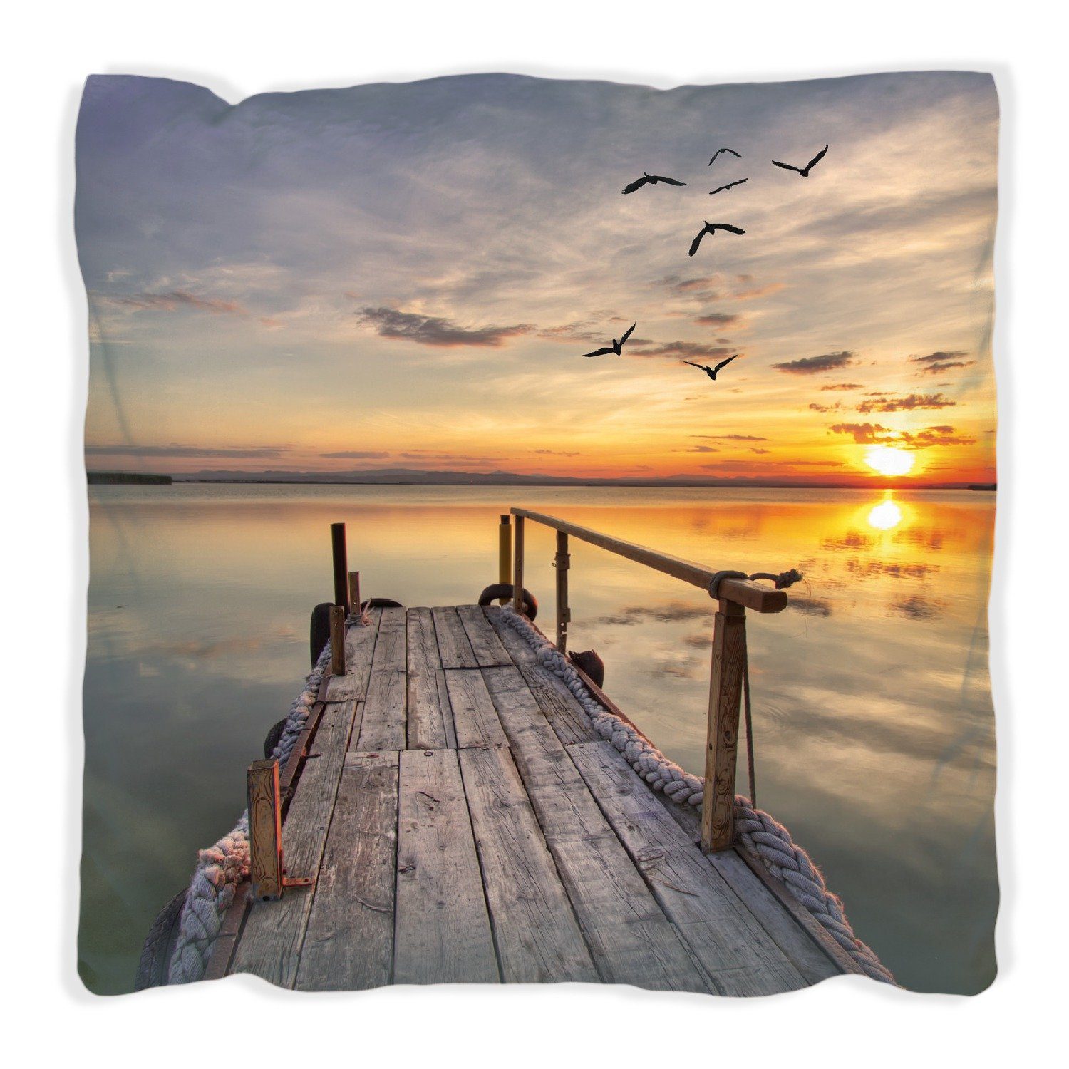 Wallario Dekokissen Sonnenuntergang über dem See handgenäht Steg, idyllischer